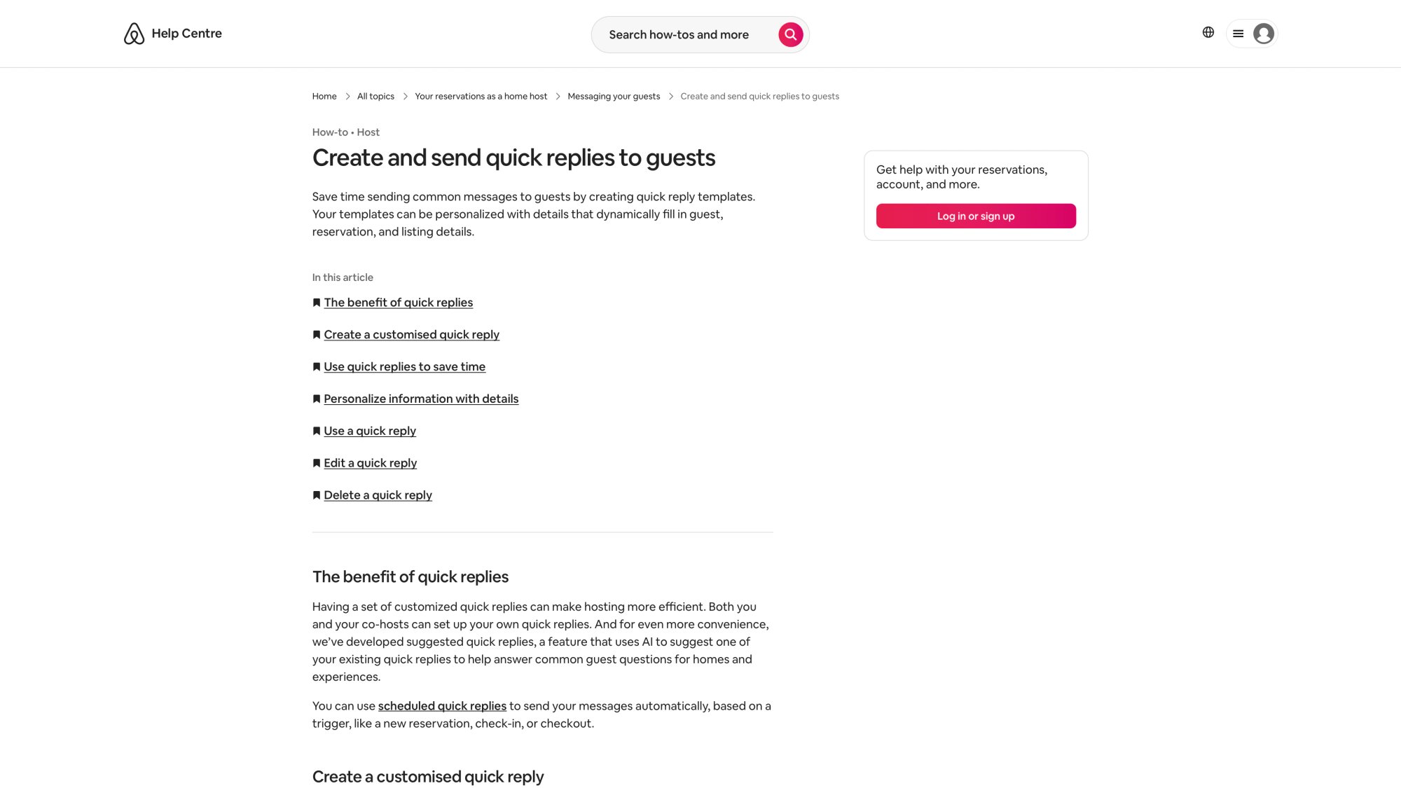 Airbnb help center article explaining how to create and use quick replies for automated host messaging
