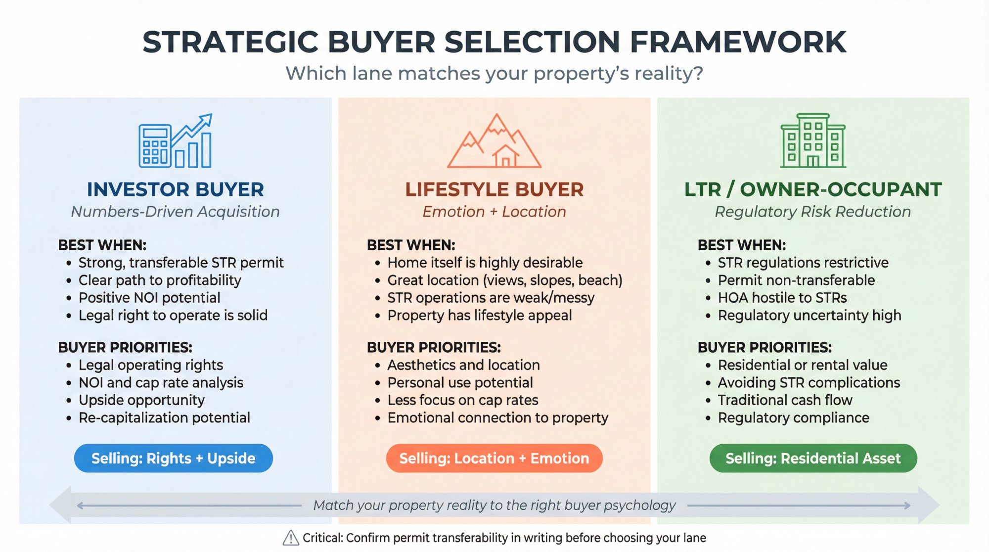 Strategic decision framework showing three buyer lanes for selling unprofitable Airbnb properties