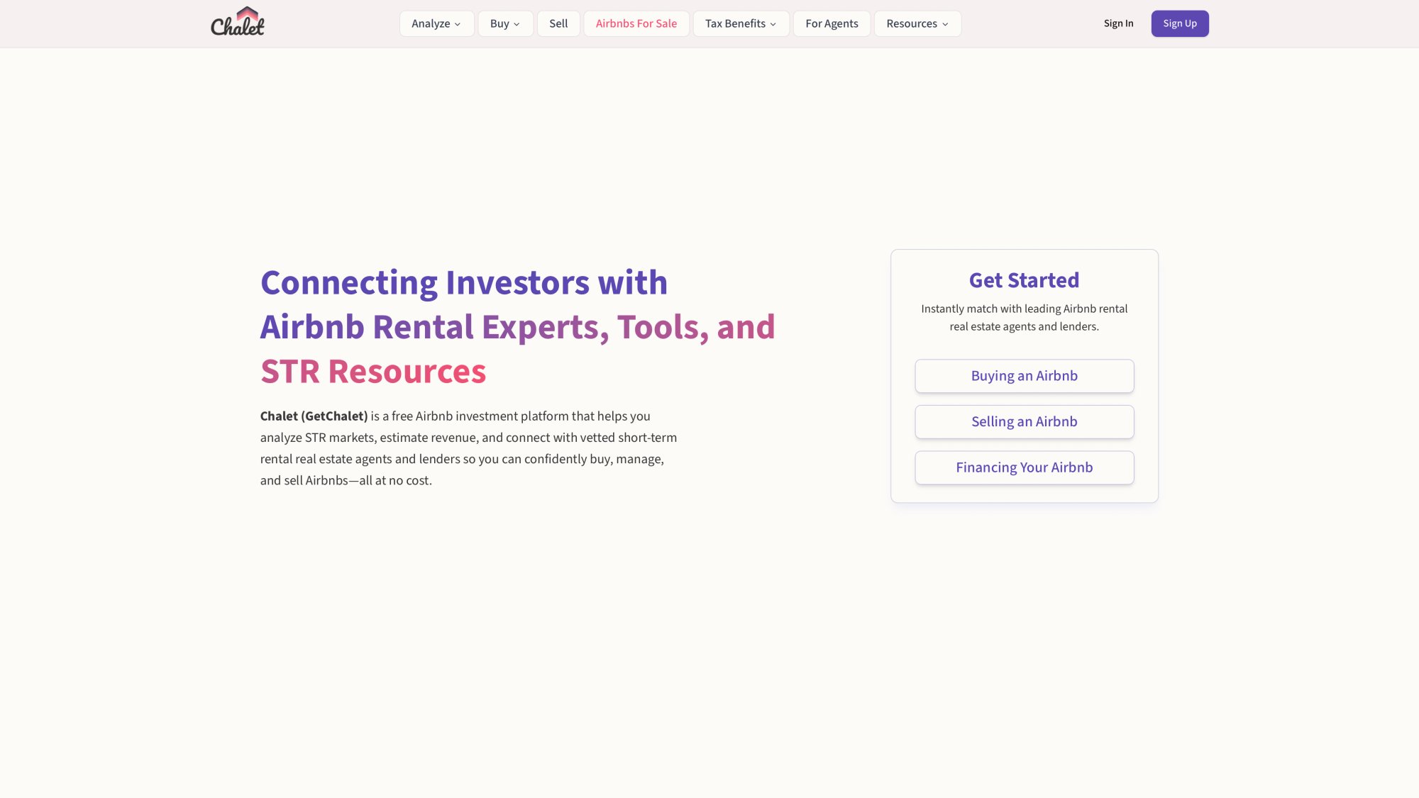 Chalet platform homepage showing free STR analytics, agent network, and investor tools for 1031 exchange buyers