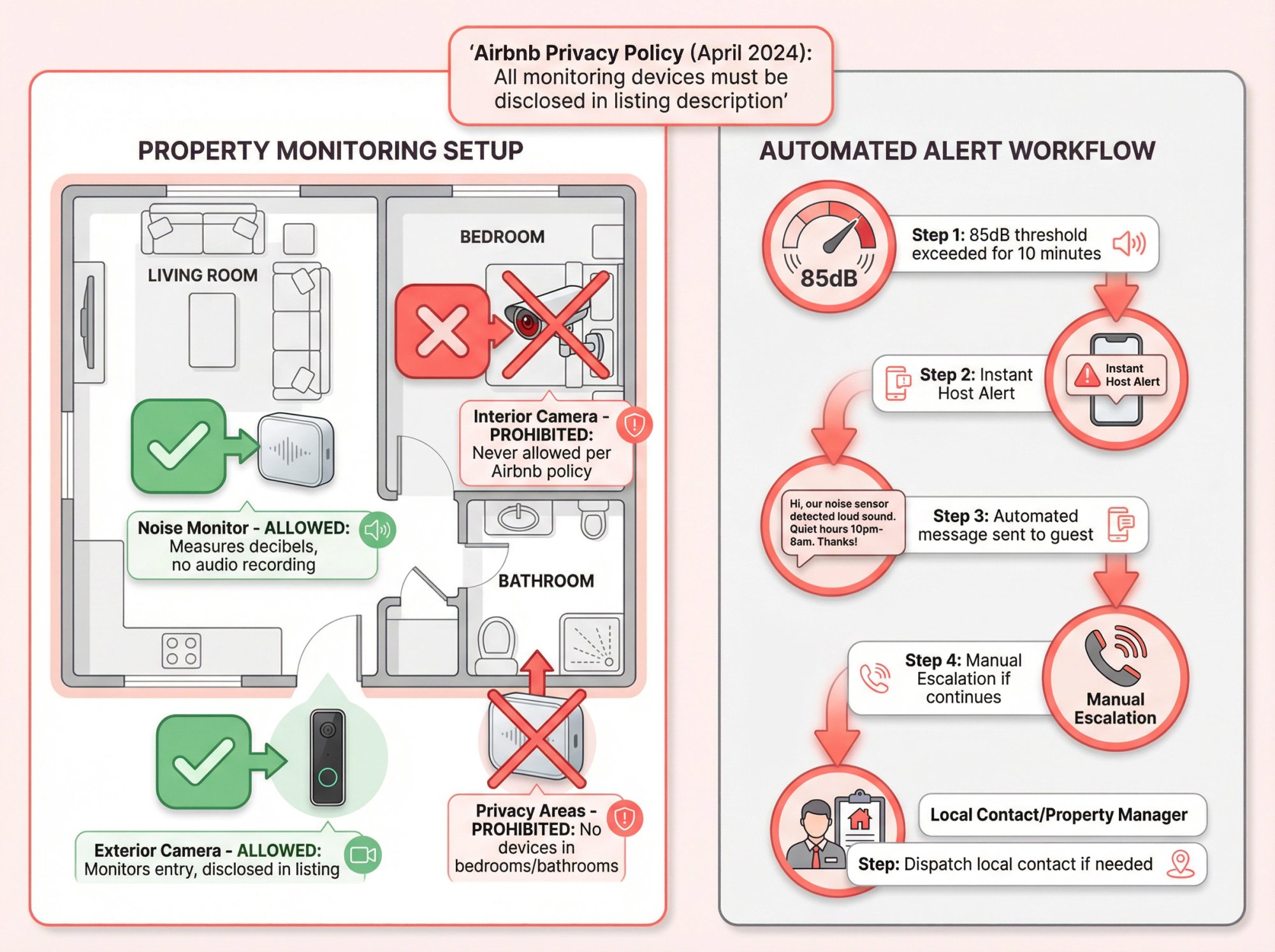 Privacy-compliant Airbnb security setup showing allowed noise monitor placement and automated alert workflow