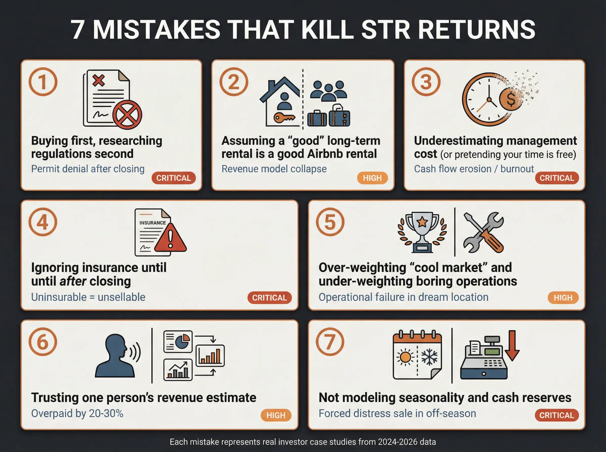 Visual matrix of 7 critical mistakes that destroy short-term rental returns, from regulation failures to cash reserve blindspots