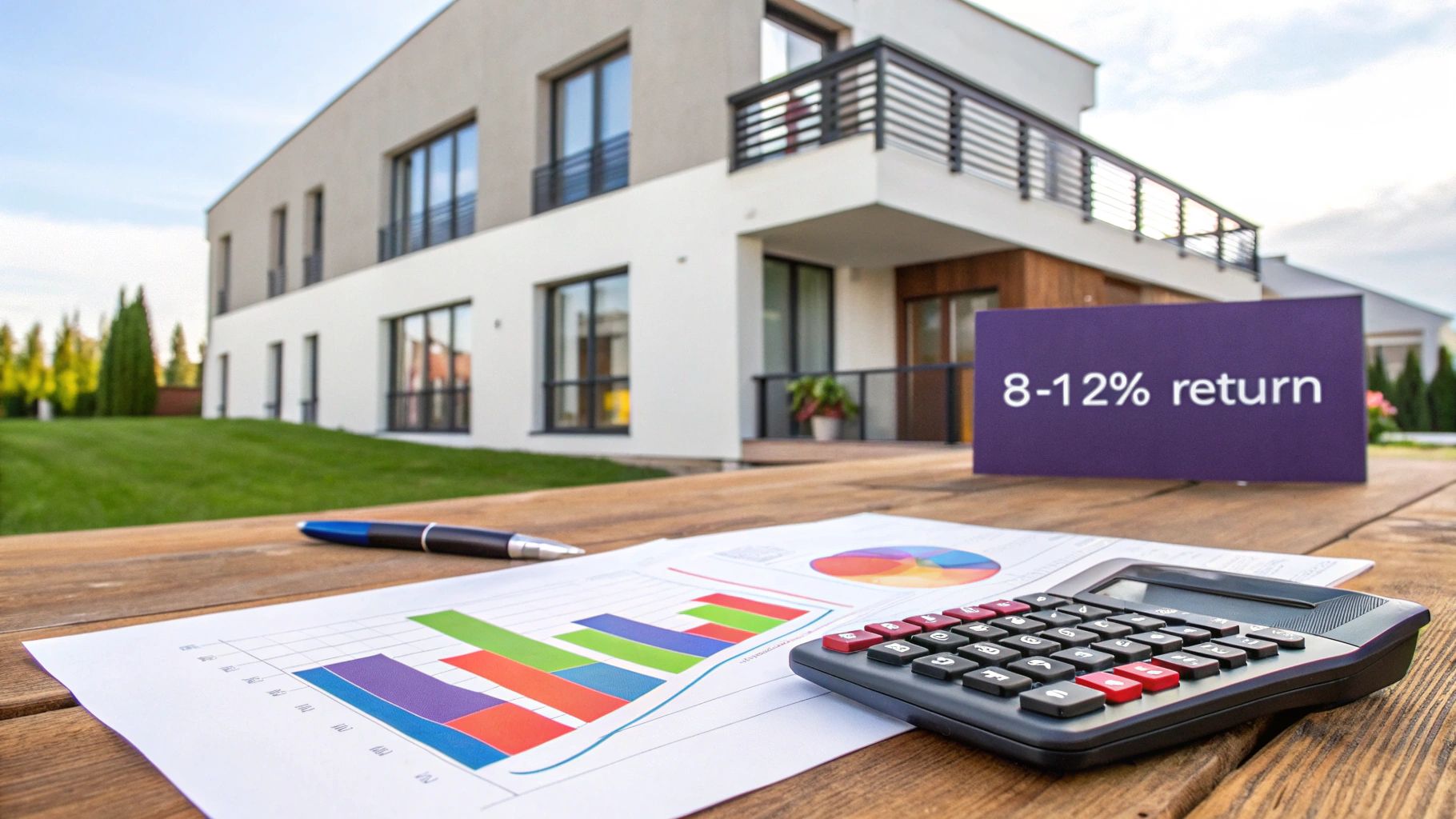 A magnifying glass hovering over a house with financial charts in the background, symbolizing investment analysis.