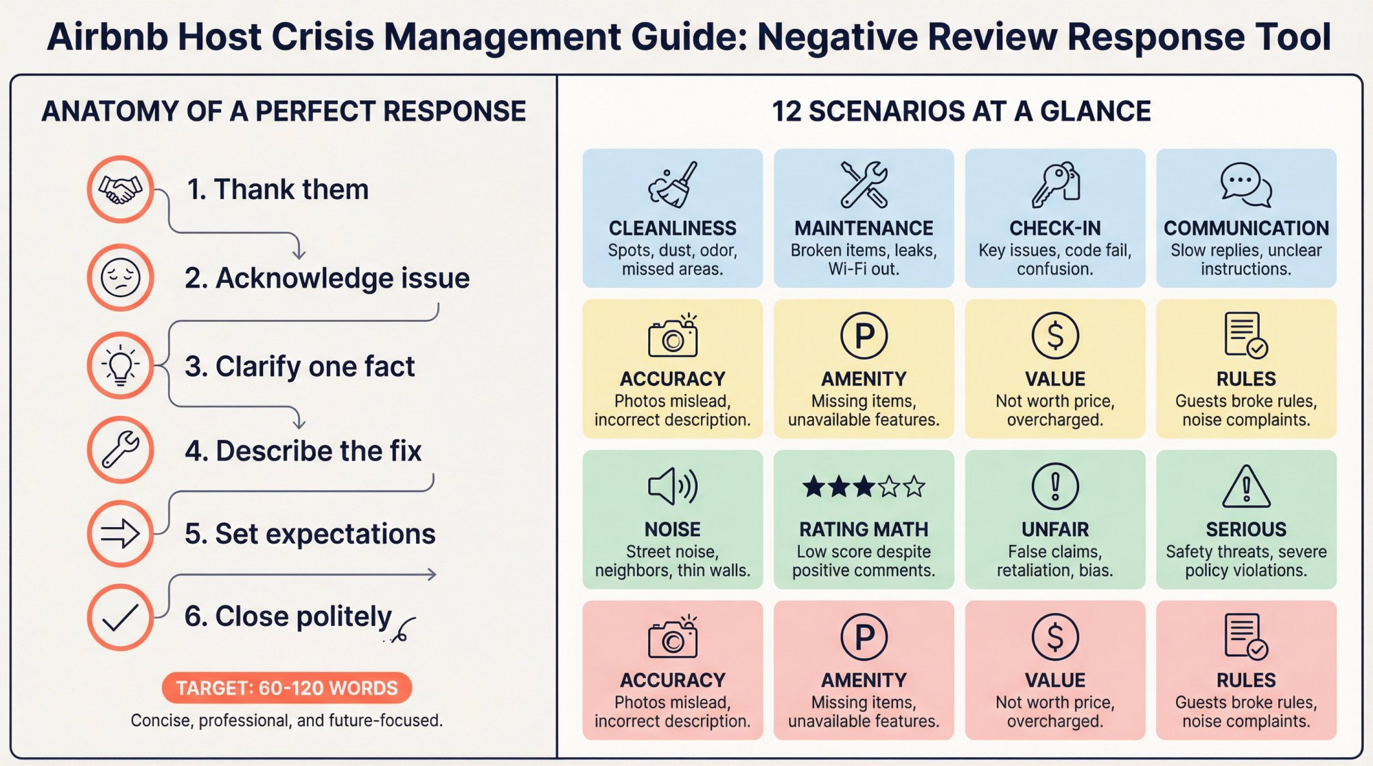 Professional Airbnb review response framework showing the 6-line structure and visual reference guide for 12 common complaint scenarios