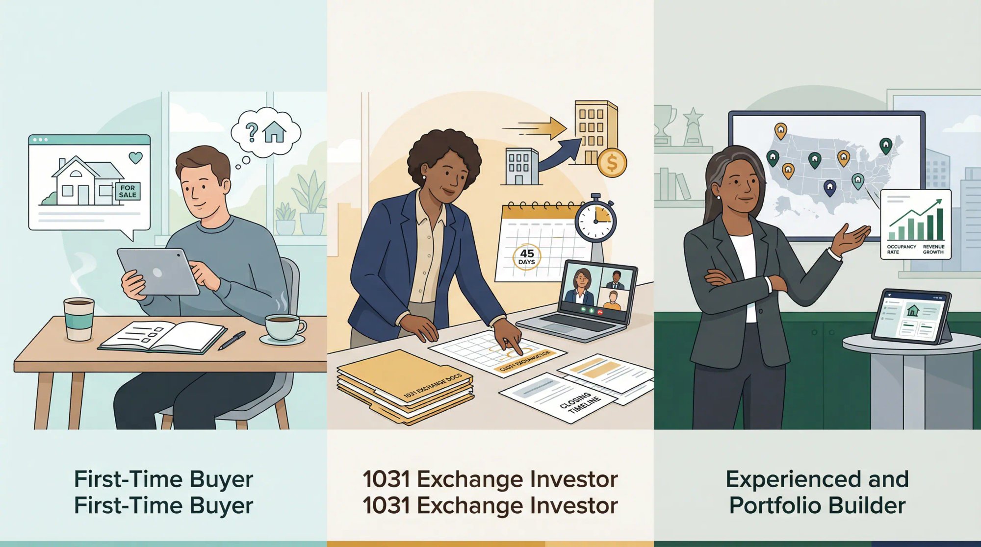 Three types of Airbnb investors in 2026: first-time buyers, 1031 exchange investors, and portfolio builders