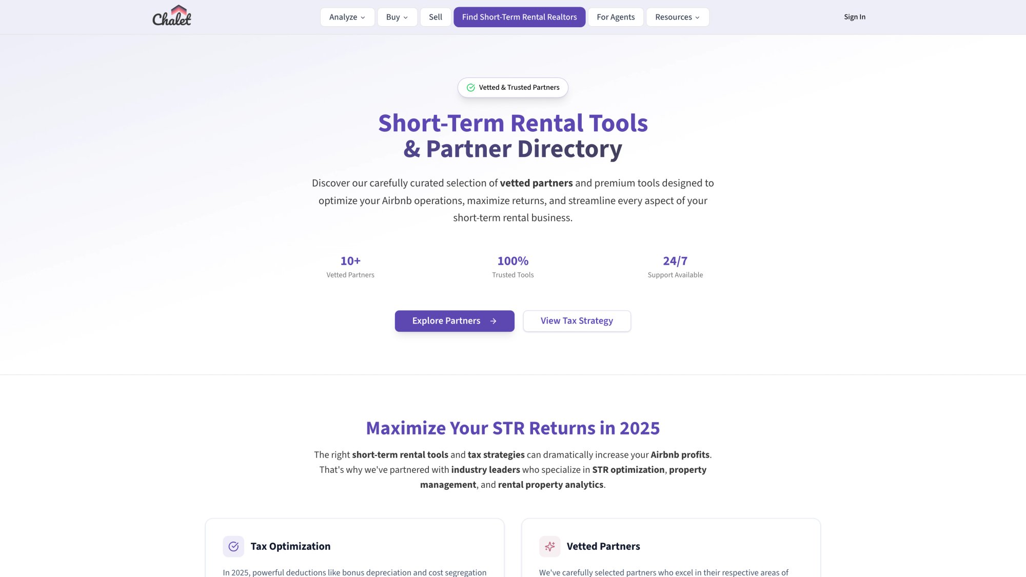 Chalet STR vendor directory showing real estate agents, lenders, insurance providers, and property managers