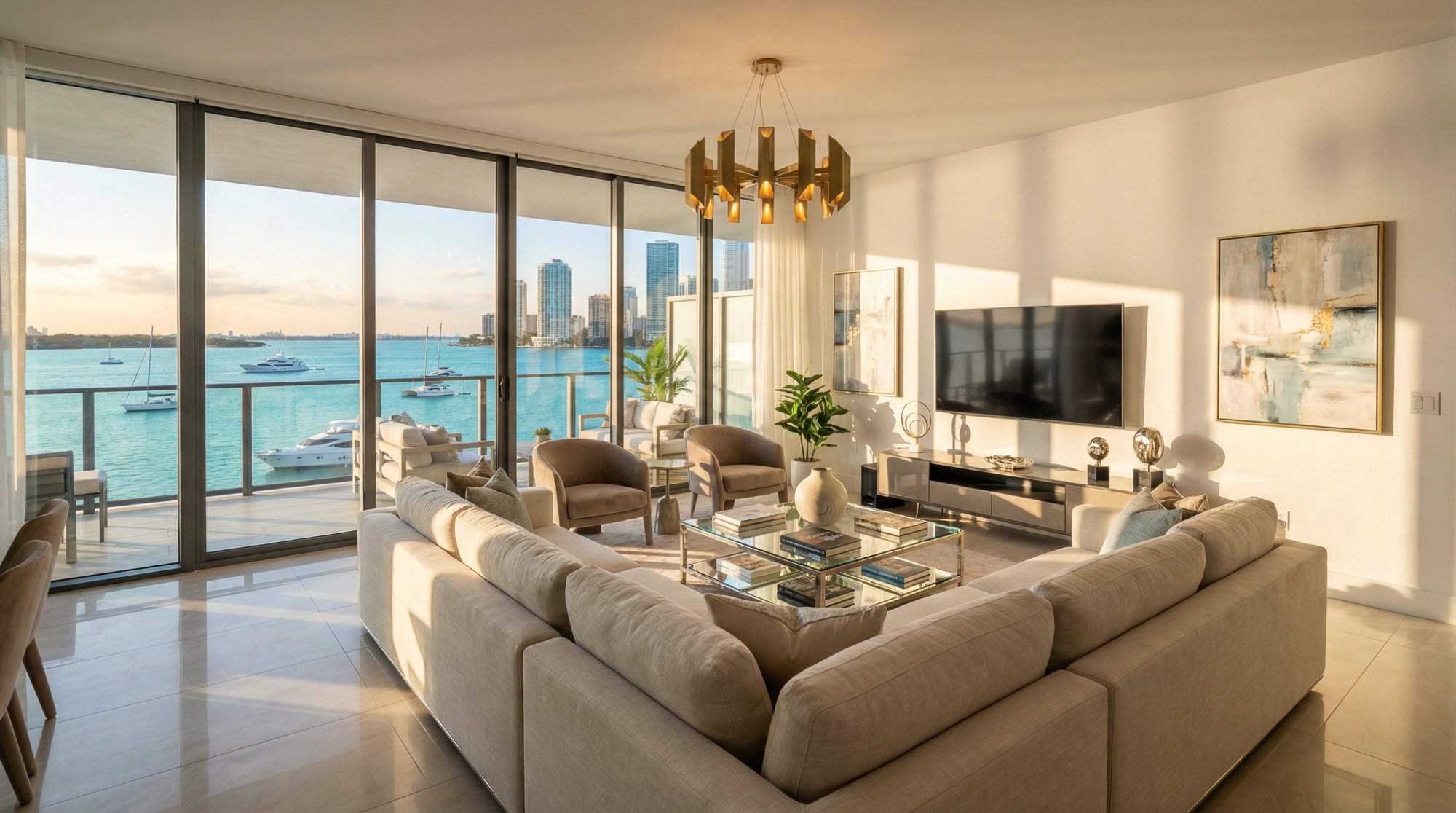 Luxury Miami waterfront condo interior with floor-to-ceiling windows overlooking Biscayne Bay and city skyline