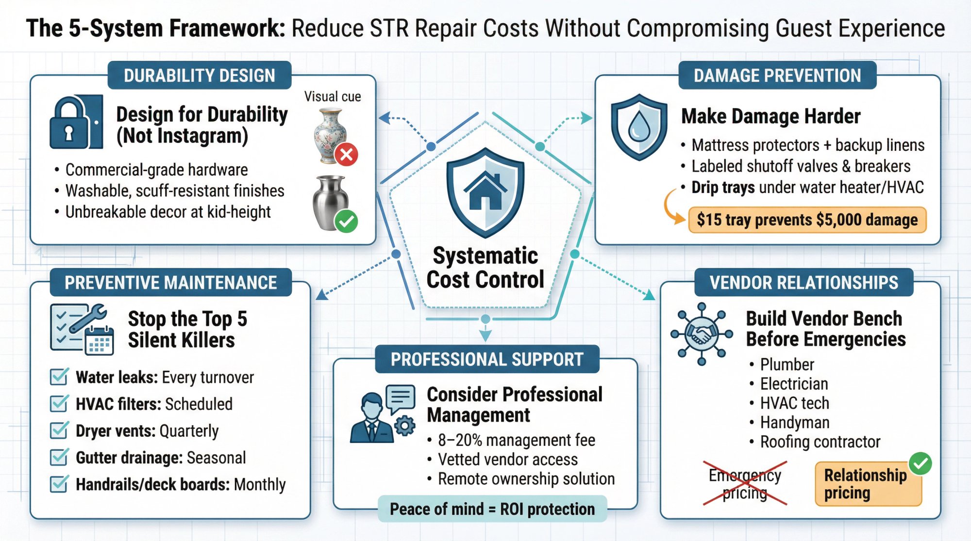 Five-system framework for reducing Airbnb repair costs through durability design, damage prevention, and vendor relationships
