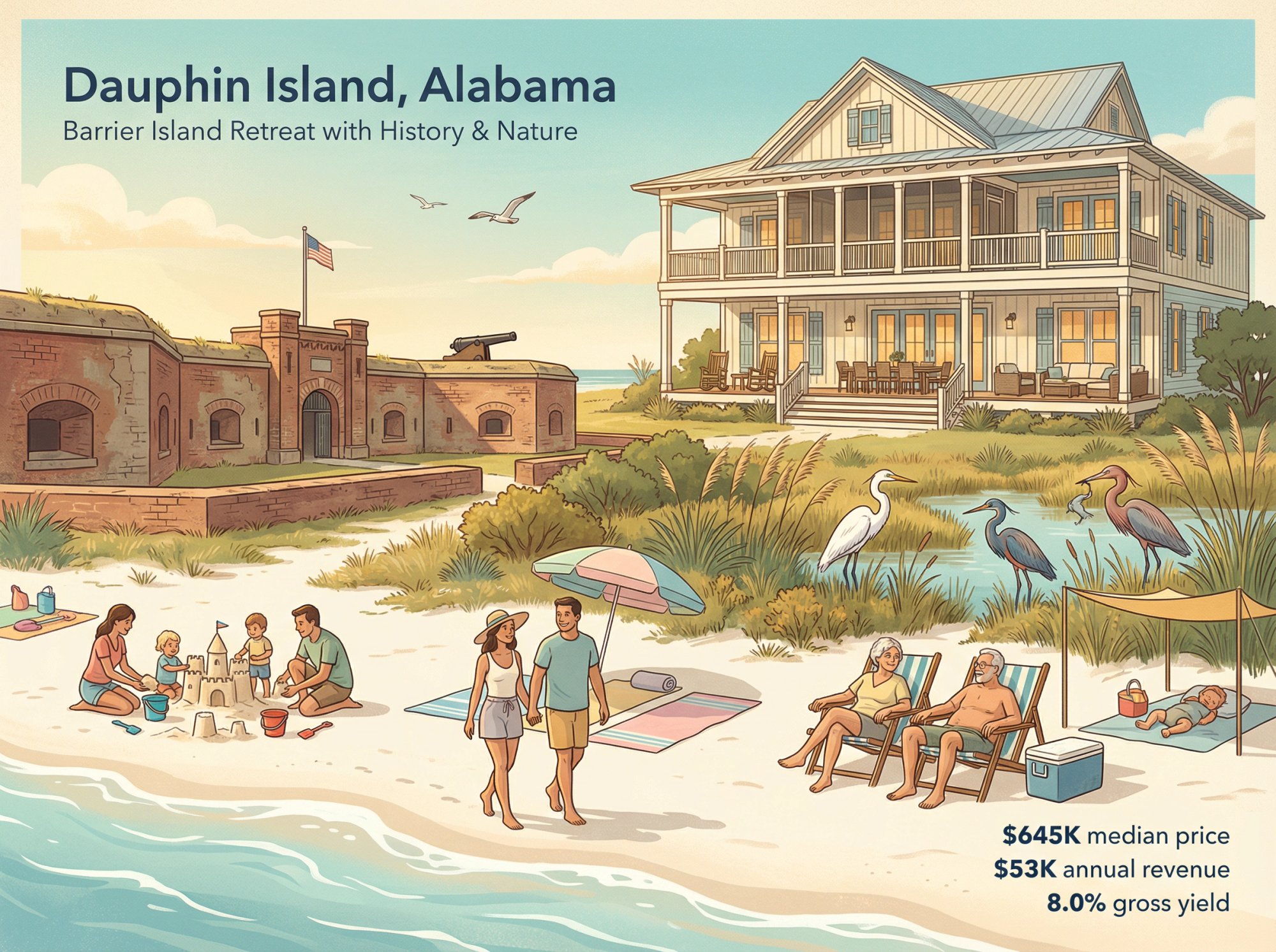 Dauphin Island barrier island with Fort Gaines, Audubon sanctuary, and uncrowded family-friendly beach