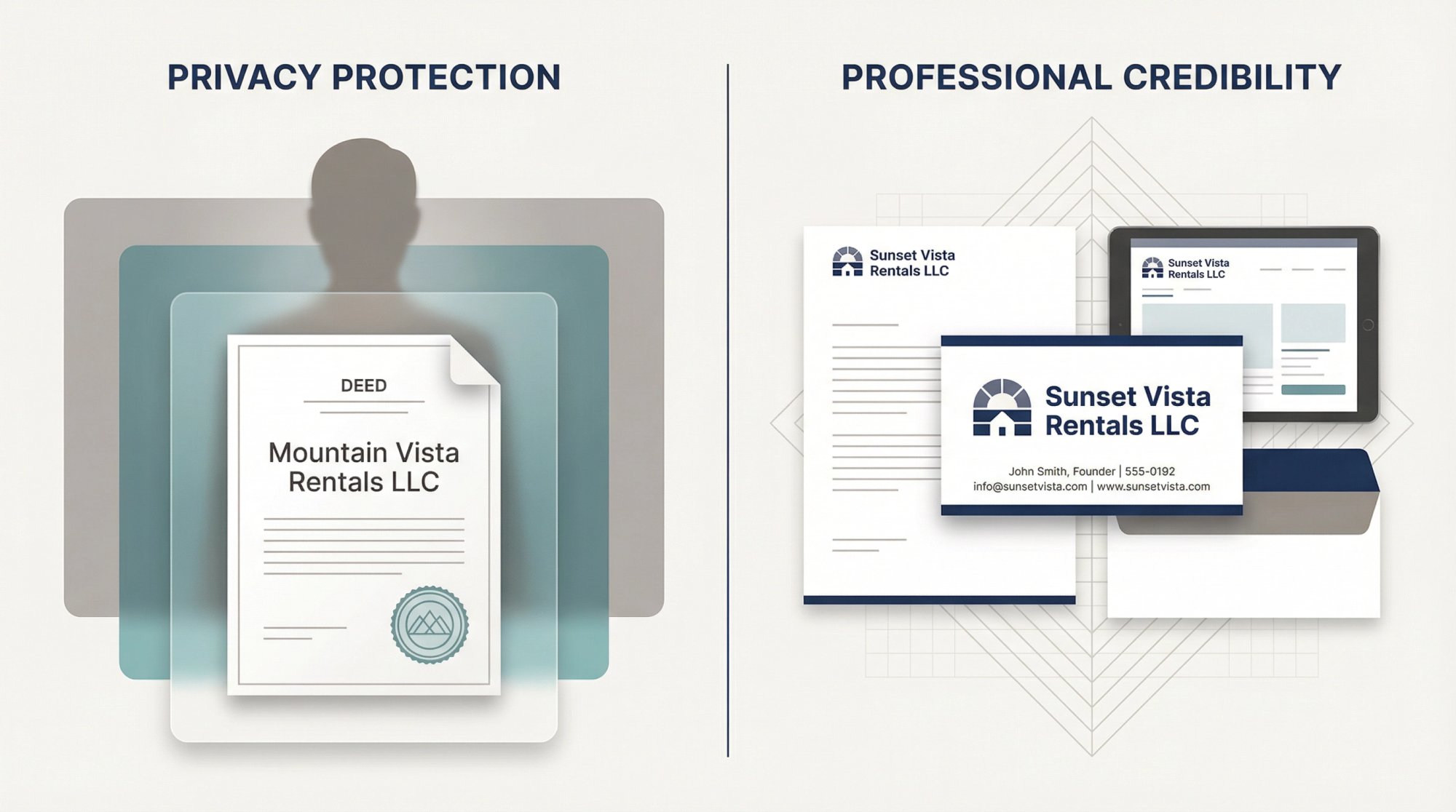 Split-panel illustration showing LLC privacy protection on left and professional credibility benefits on right