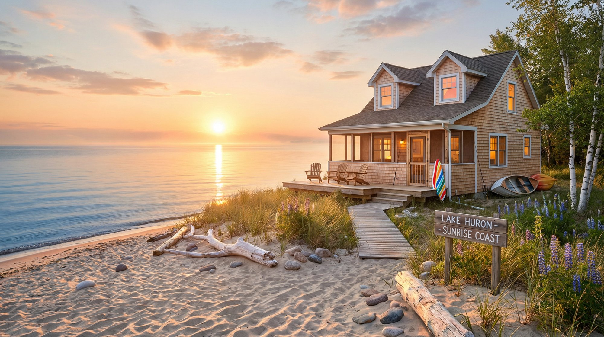 Scenic Lake Huron sunrise over Michigan beach cottage, illustrating affordable Airbnb investment opportunity