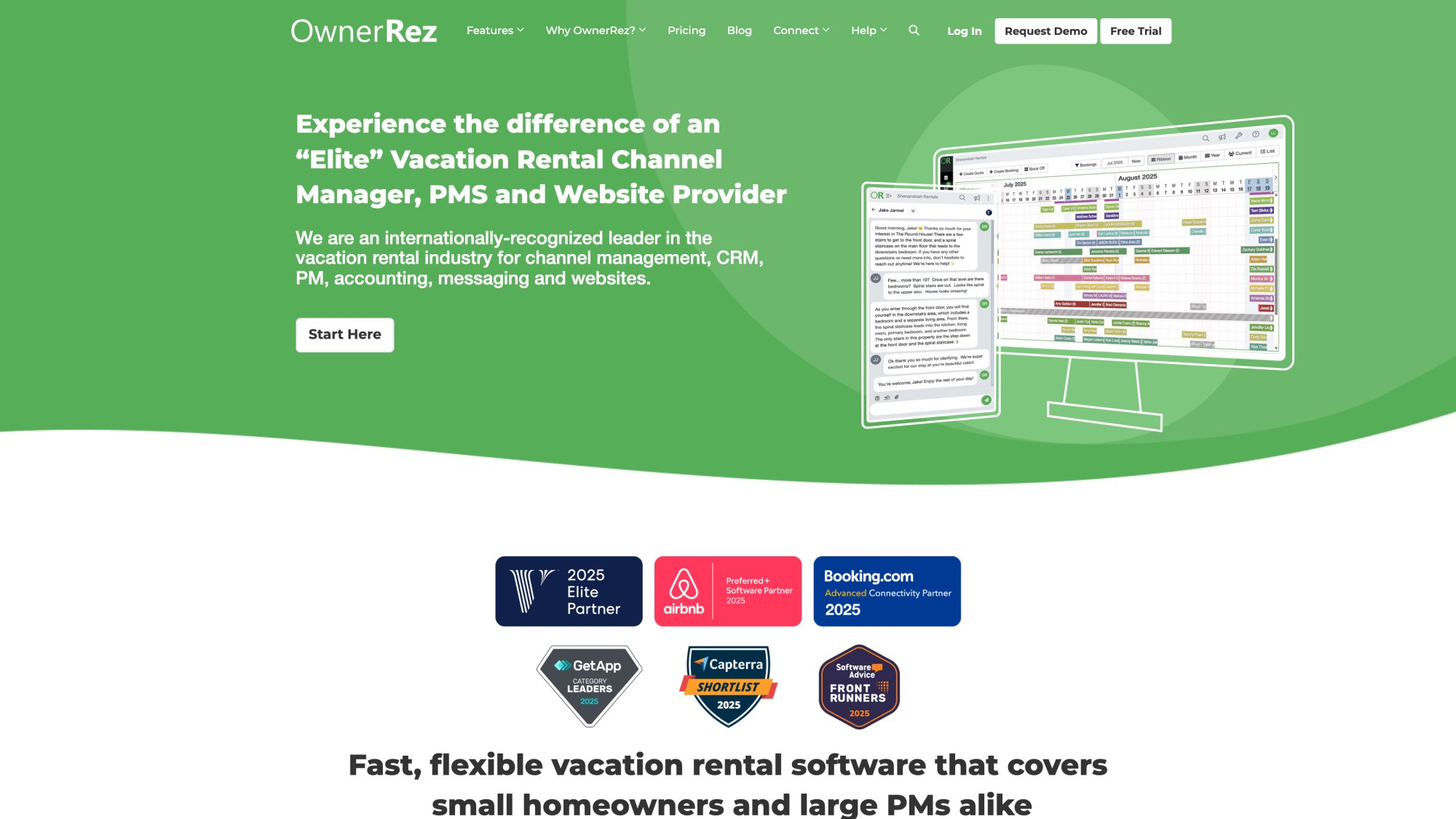 OwnerRez vacation rental software homepage showing API connectivity and pricing structure for property managers