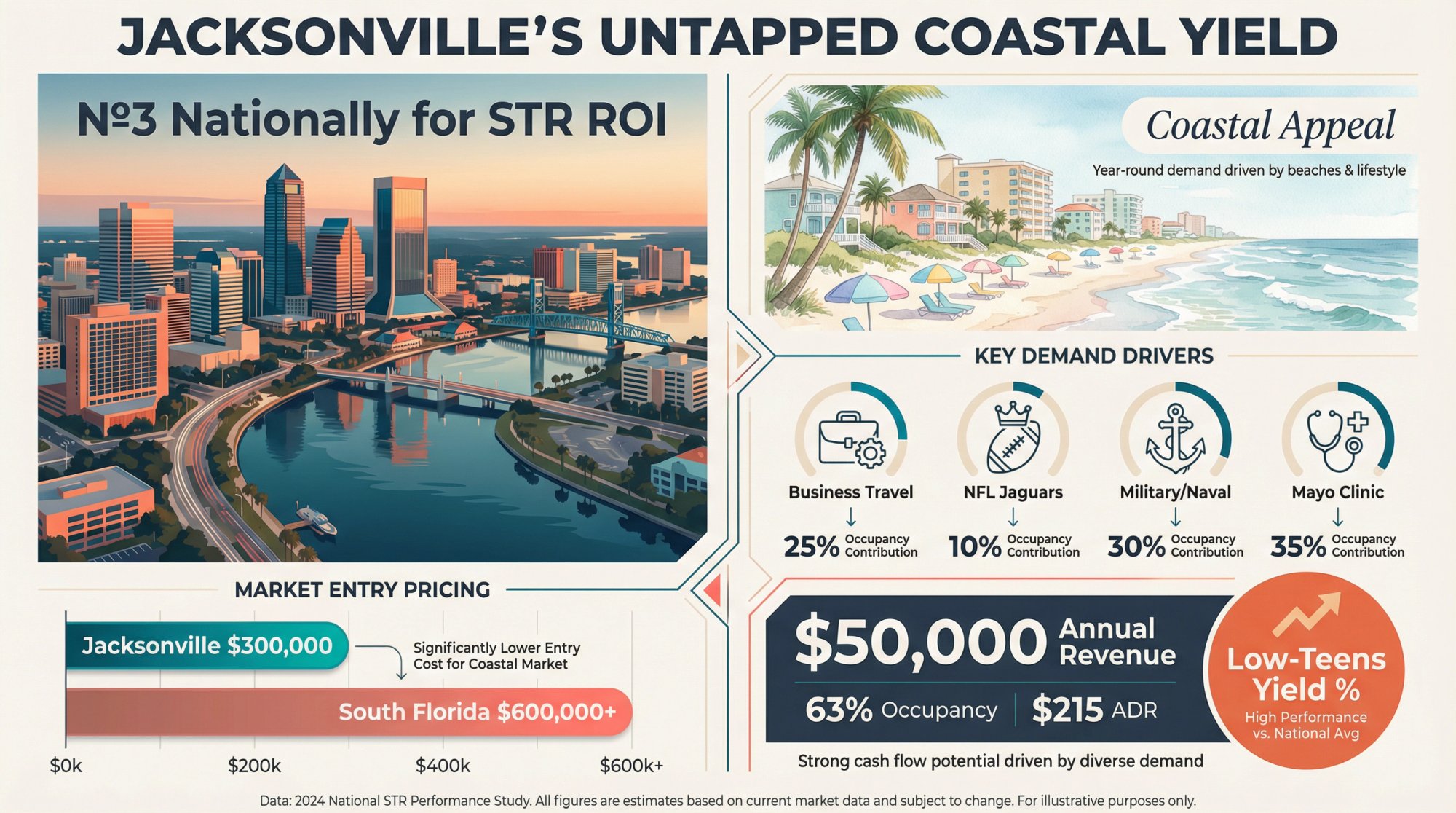 Jacksonville STR investment value proposition showing $300k entry cost vs South Florida's $600k+ with low-teens yield comparison