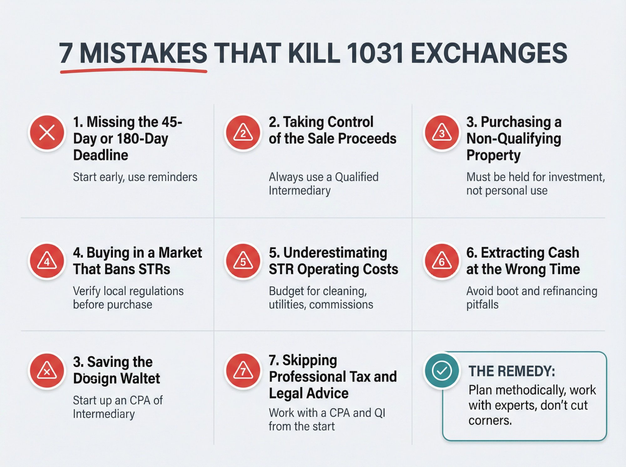 Seven critical mistakes that derail 1031 exchanges from LTR to STR transitions, shown with warning icons
