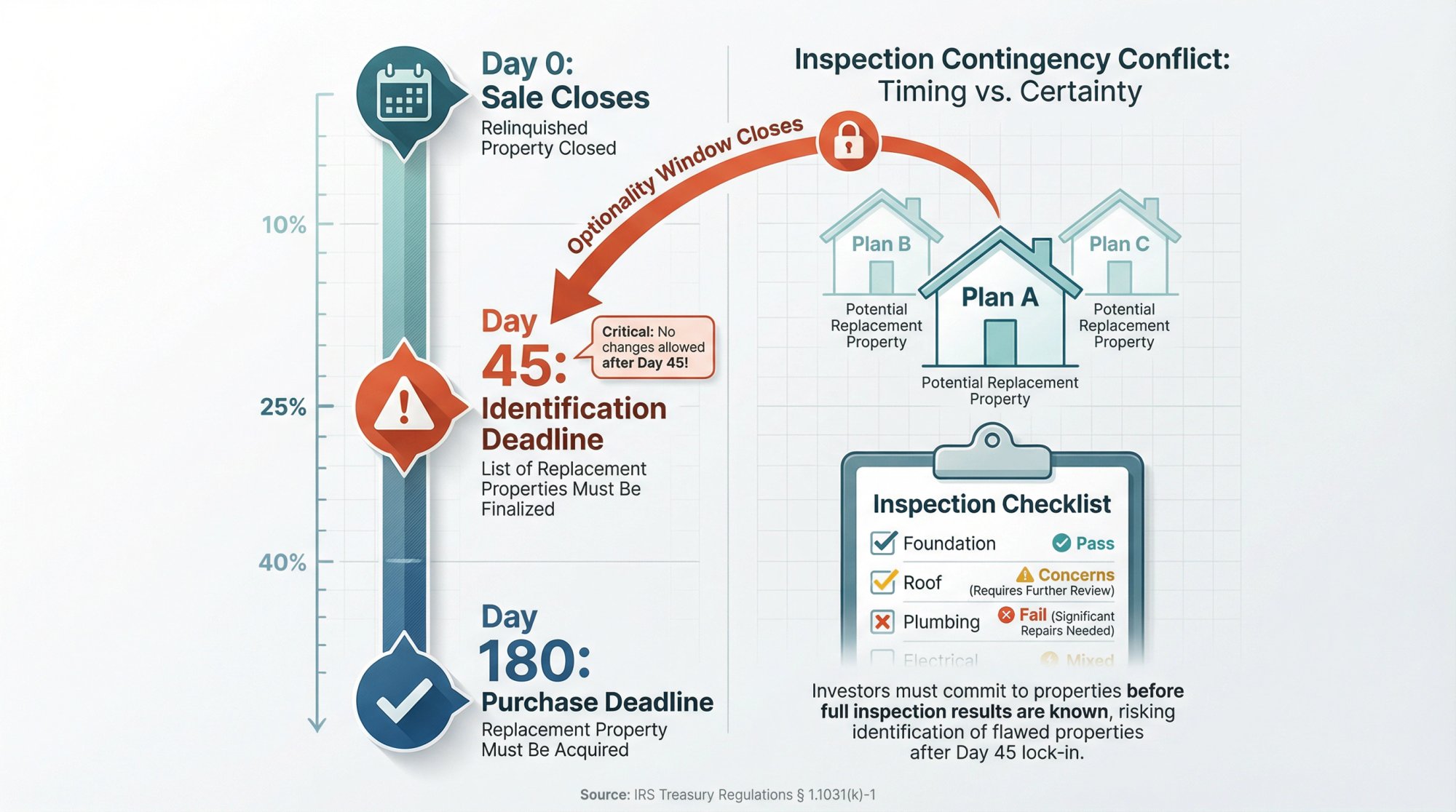 1031 exchange timeline showing Day 45 identification deadline and Day 180 closing deadline with inspection period conflict