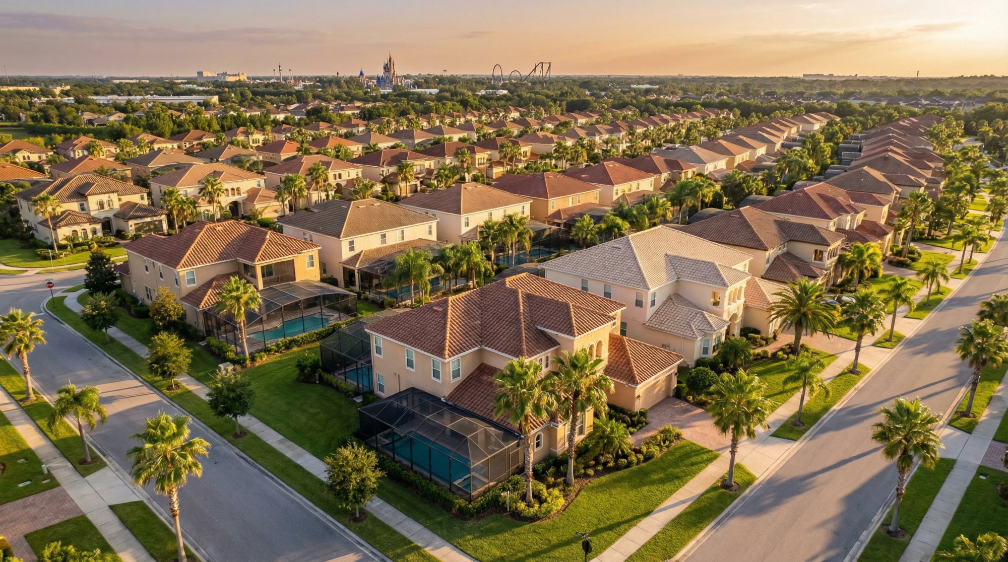 Aerial view of Orlando vacation rental communities near theme park corridor showing investment properties