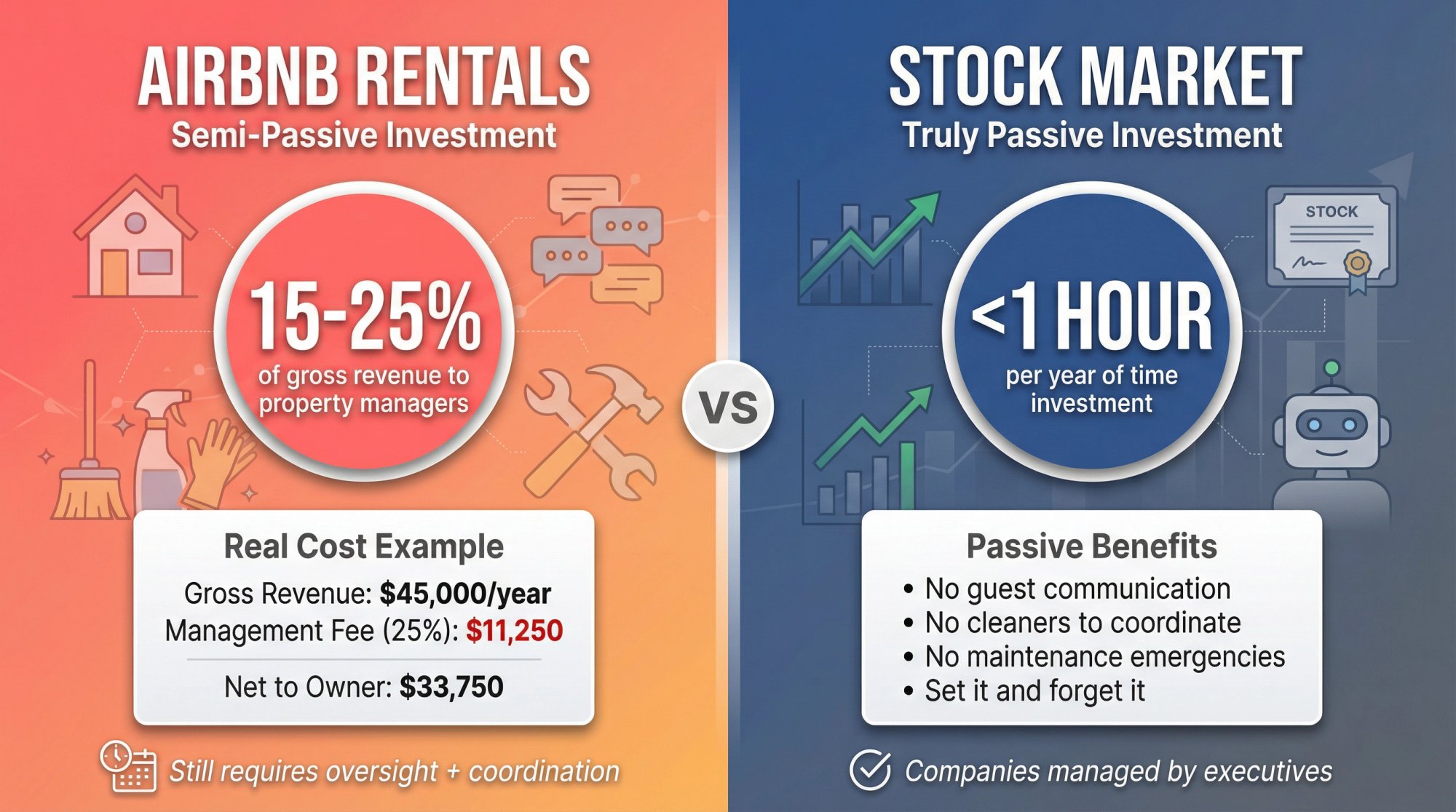 Split-screen comparison showing Airbnb property management costs and effort versus truly passive stock investing