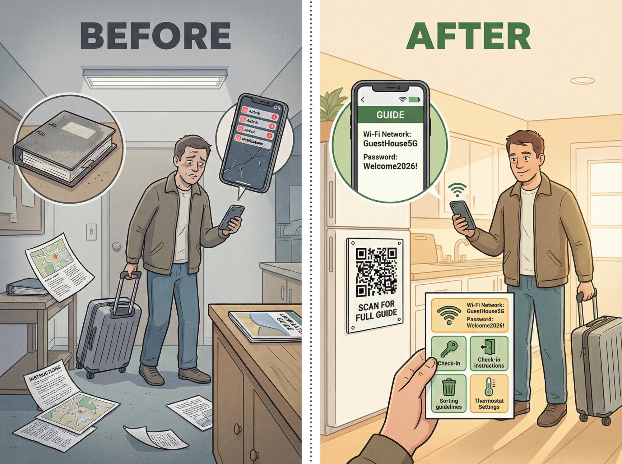Split illustration comparing overwhelmed Airbnb guest ignoring welcome materials versus engaged guest easily finding information through strategic placement