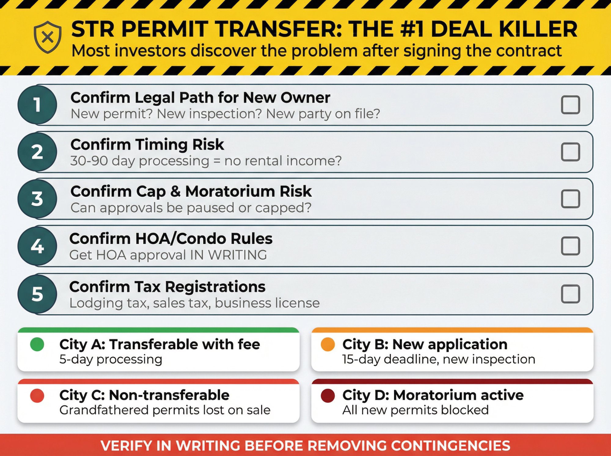 Critical STR permit verification checklist showing the 5 due diligence steps investors must complete before closing on an Airbnb property