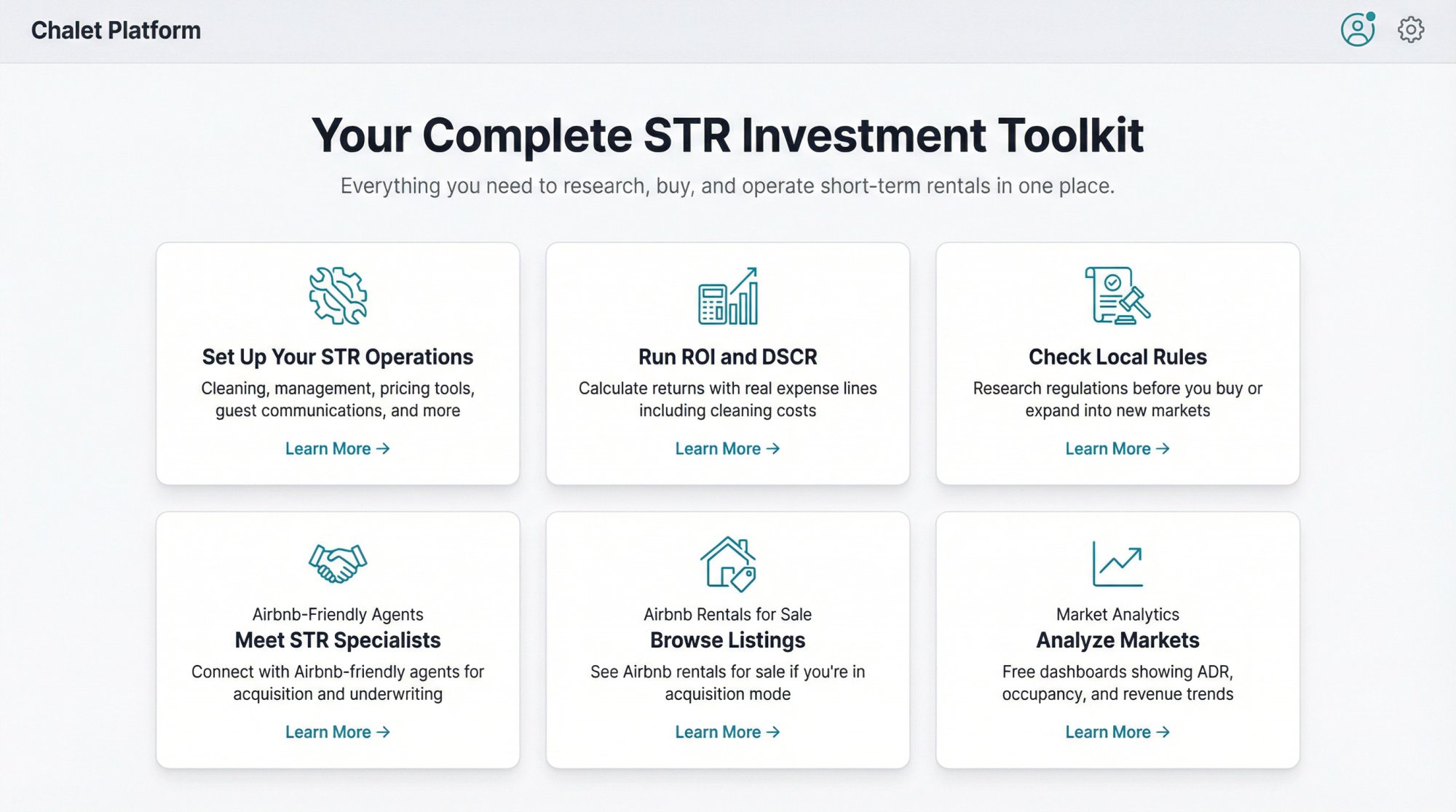 Chalet platform dashboard showing STR investor resources: operations, calculator, regulations, agents, listings, and analytics