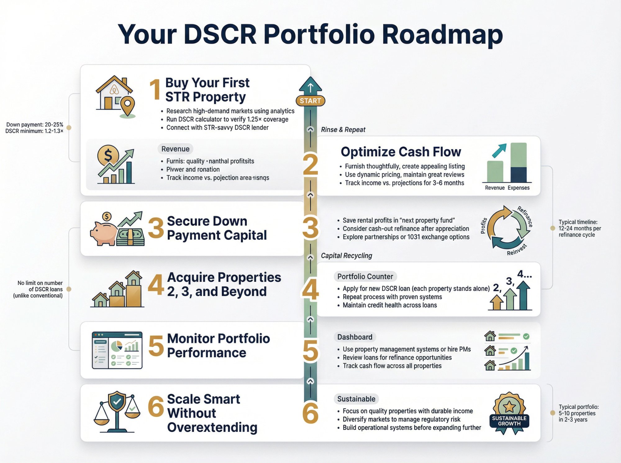 Six-step visual roadmap showing the complete journey from buying first STR property to building an Airbnb portfolio using DSCR loans