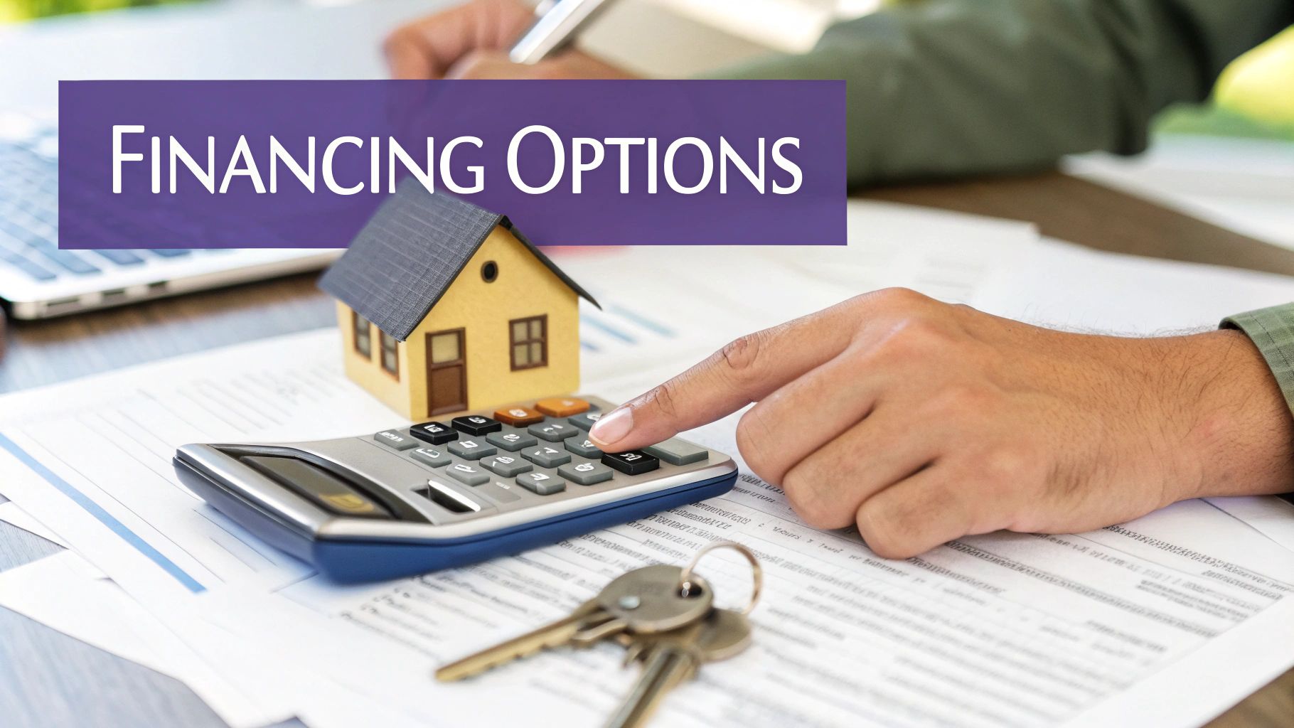 A hand uses a calculator near a model house and keys on a desk, illustrating financing options.