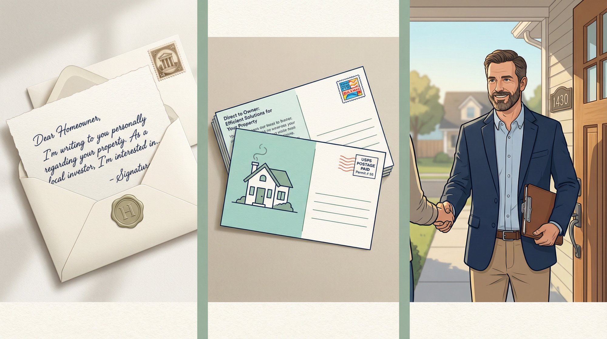 Three ethical direct outreach methods for off-market real estate: handwritten letters, postcards, and door knocking