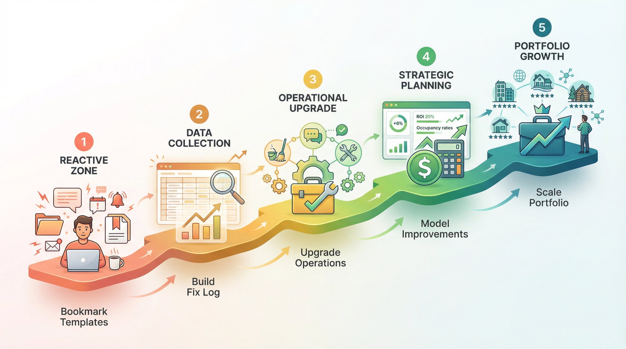 Visual roadmap showing 5-step progression from reactive review responses to proactive STR operational excellence