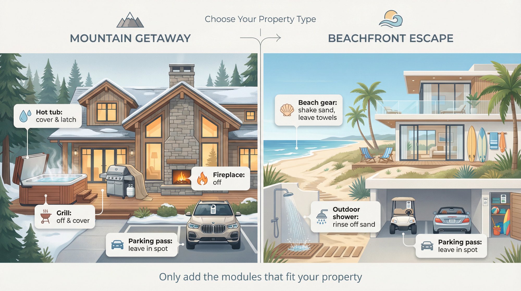 Side-by-side comparison of mountain vacation rental (hot tub, grill, fireplace, parking) vs beach vacation rental (beach gear, parking, outdoor shower) showing property-specific checkout add-ons as visual modules