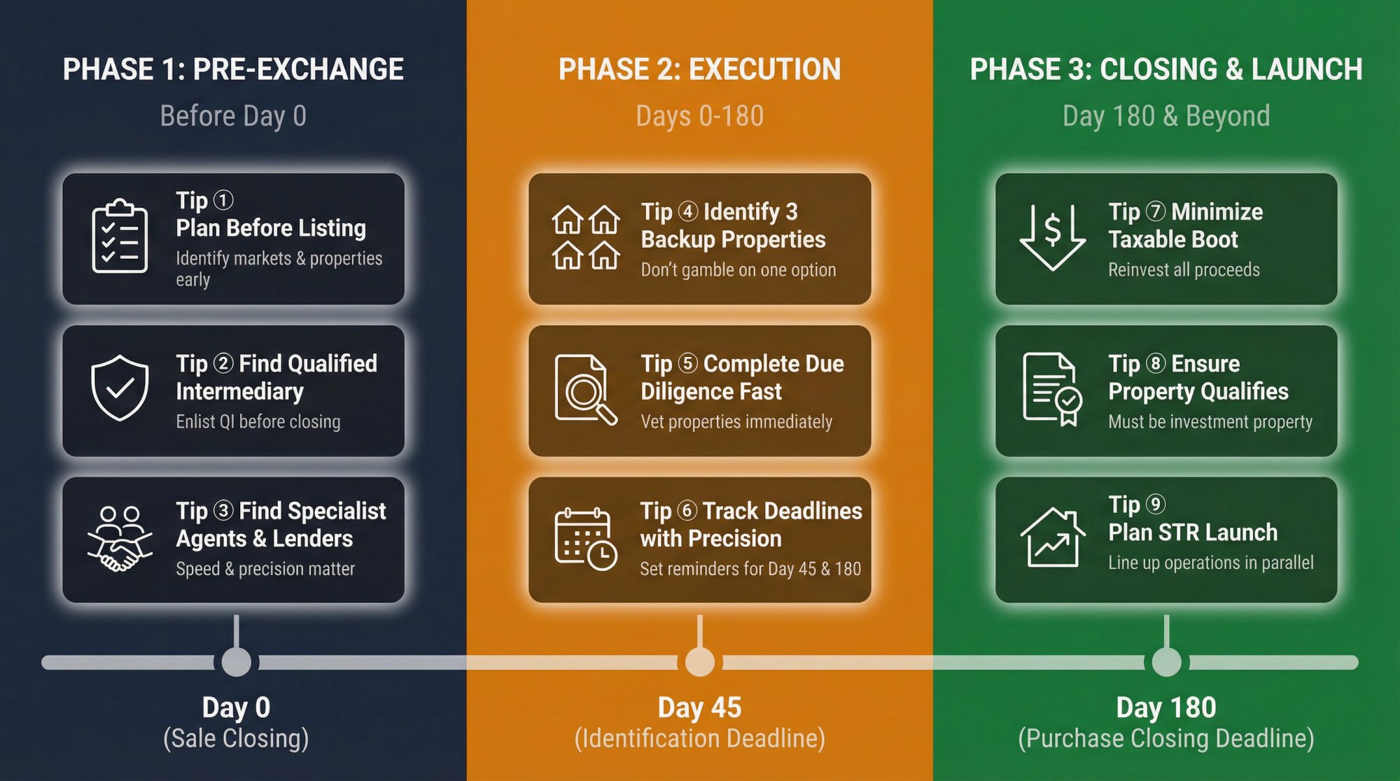 Complete 9-step tactical timeline showing pre-exchange planning, execution phases, and closing strategies for 1031 exchanges