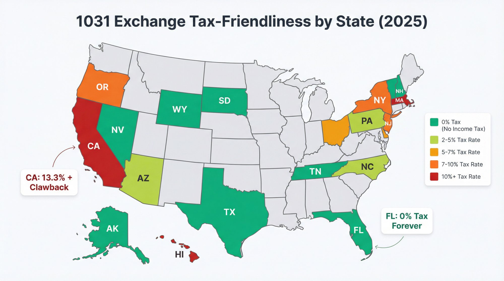 US map showing state income tax rates for 1031 exchanges, highlighting zero-tax states vs high-tax states