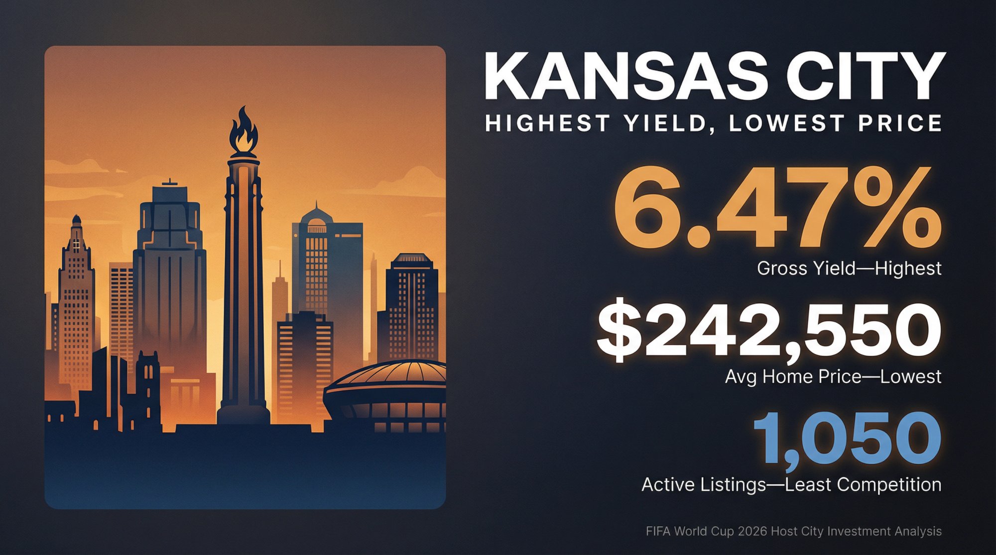 Kansas City skyline with investment metrics overlay showing 6.47% gross yield and $242,550 average home price