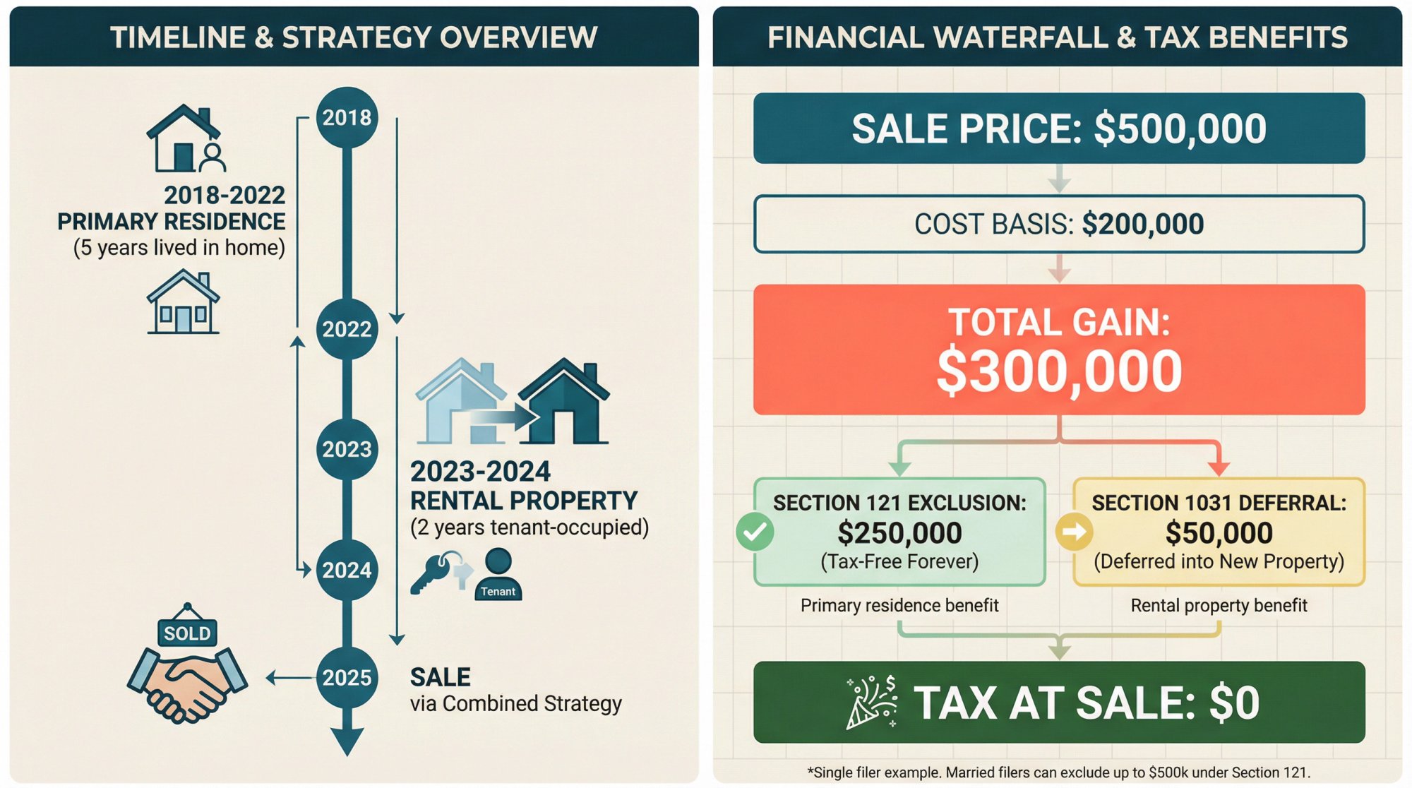 Financial diagram showing how a $300k home gain splits into $250k Section 121 exclusion and $50k Section 1031 deferral for zero tax at sale