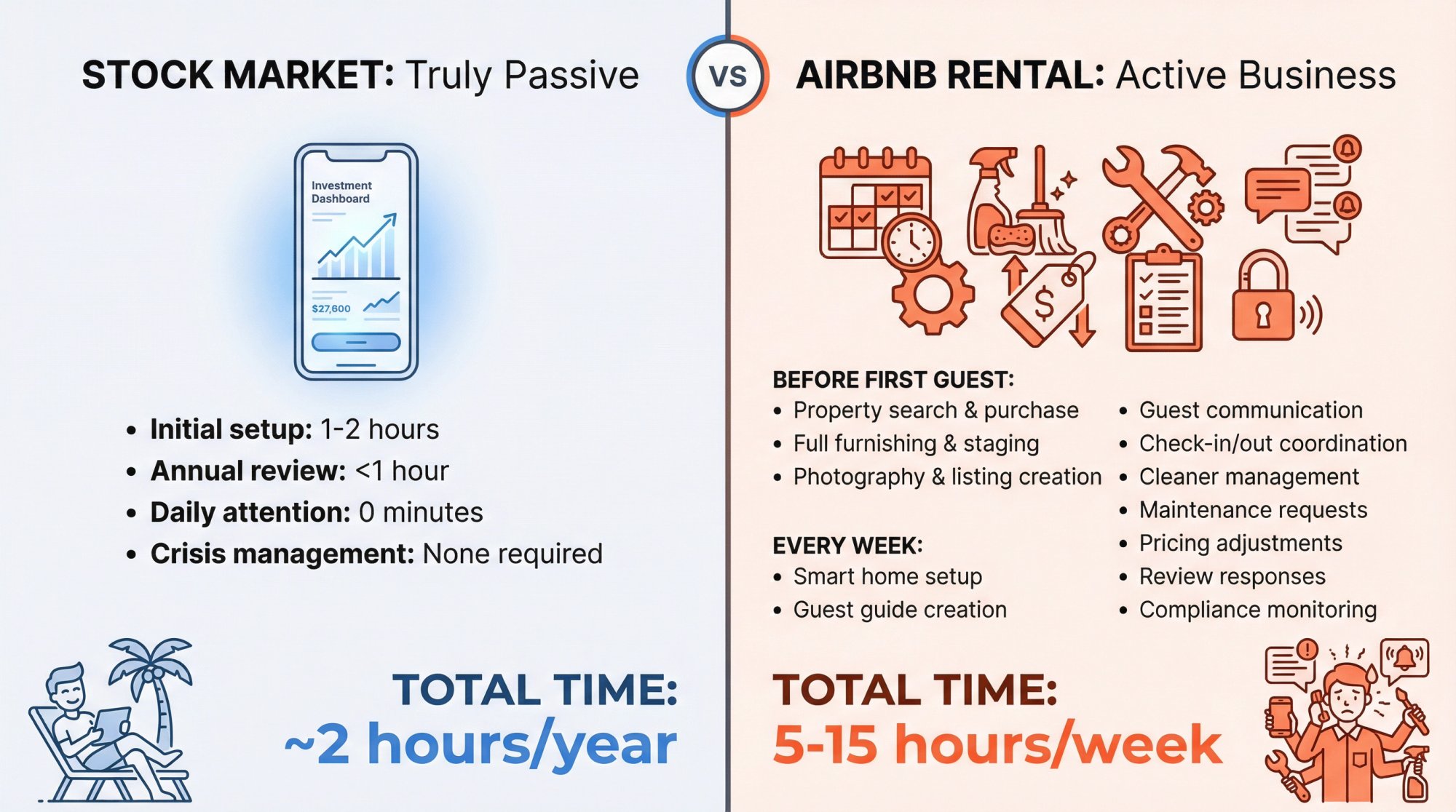 Side-by-side comparison showing minimal time for stock investing versus extensive weekly tasks for Airbnb rental management