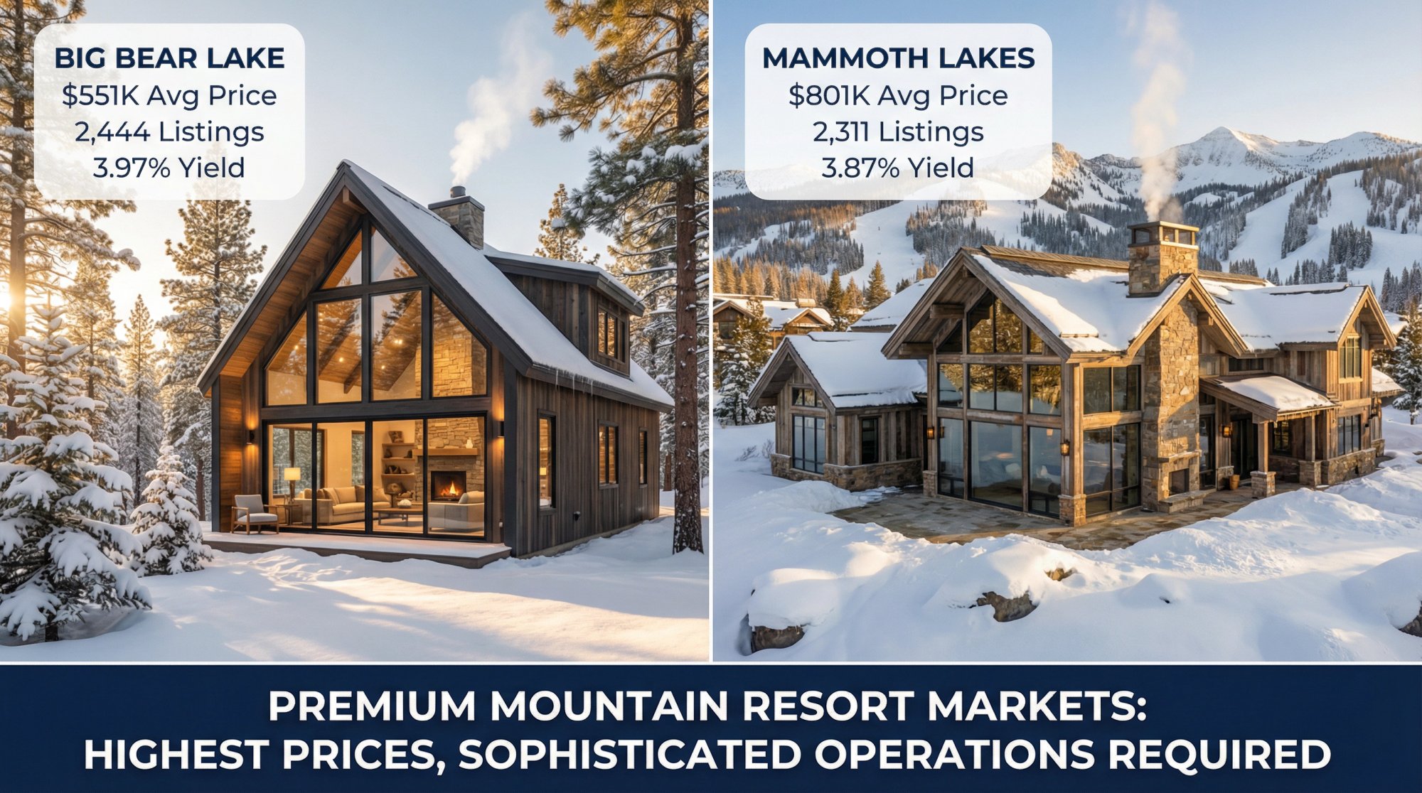 Split comparison of luxury mountain Airbnb properties in Big Bear Lake and Mammoth Lakes showcasing premium ski resort markets