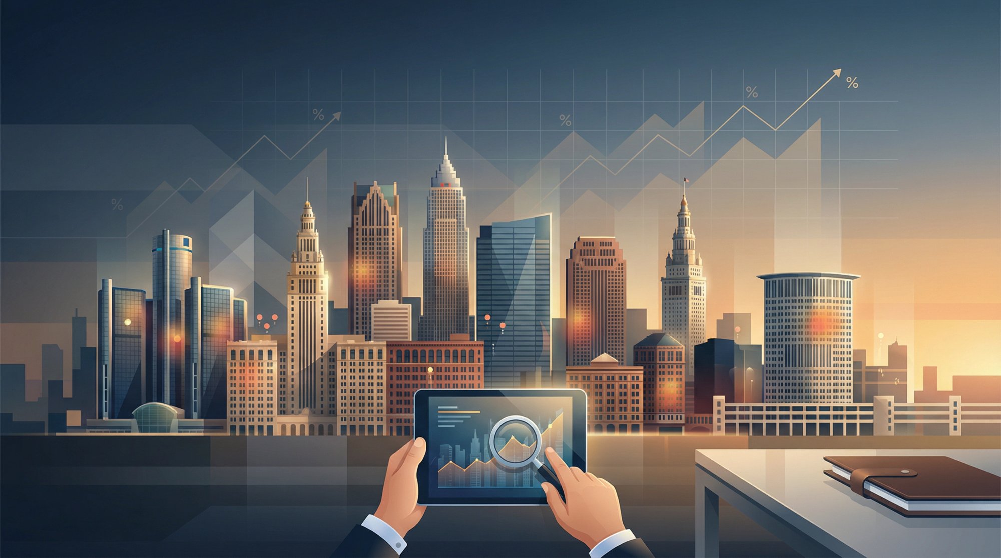 Stylized composite illustration of major US city skylines representing top big city Airbnb investment markets