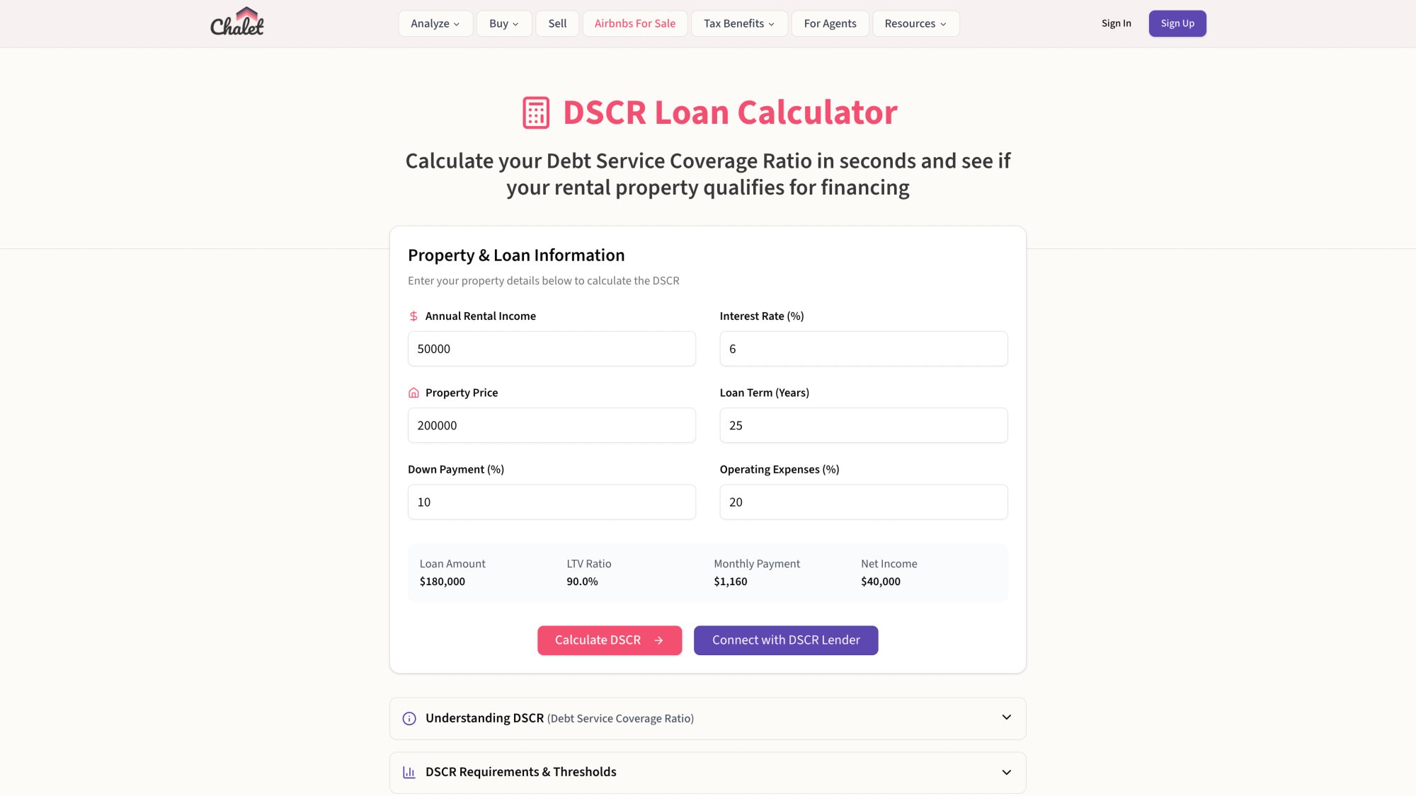 Chalet's DSCR Calculator for verifying investment property financing eligibility