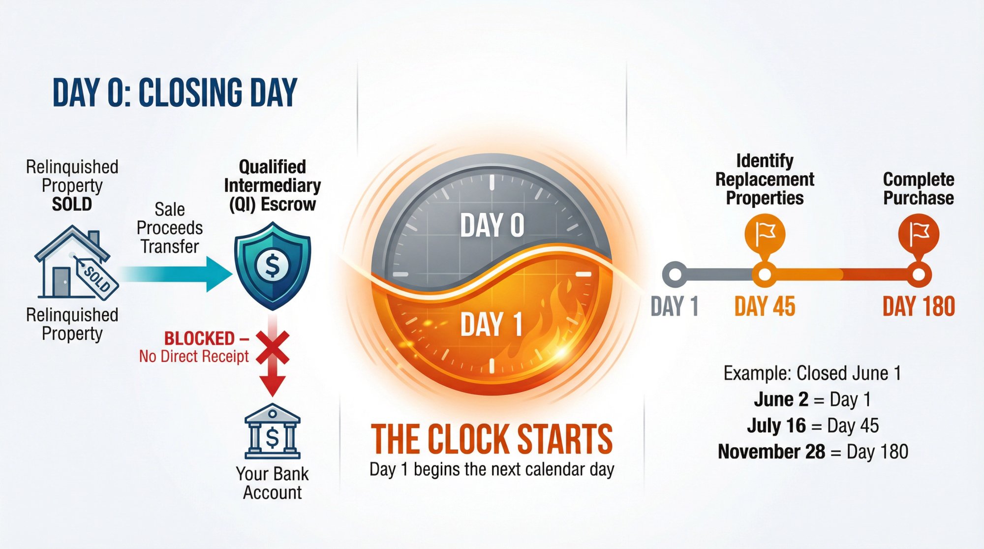 Day 0 closing process showing fund transfer to QI escrow and timeline activation with Day 45 and Day 180 deadlines