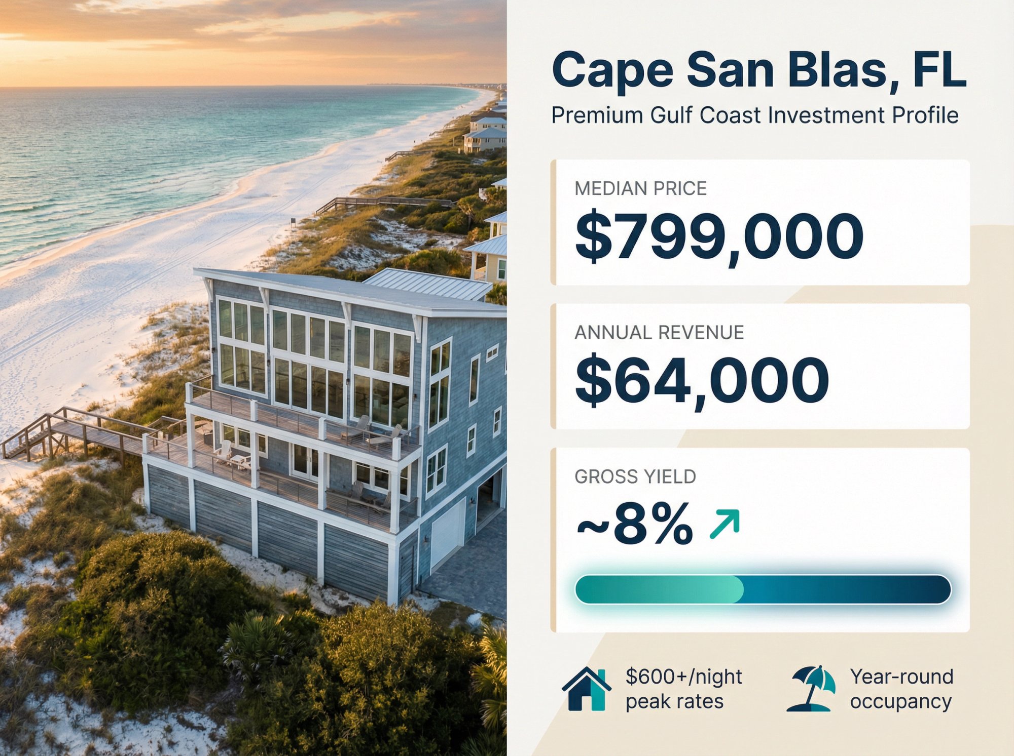 Cape San Blas luxury Gulf Coast beachfront property with $799k median price and 8% yield investment metrics