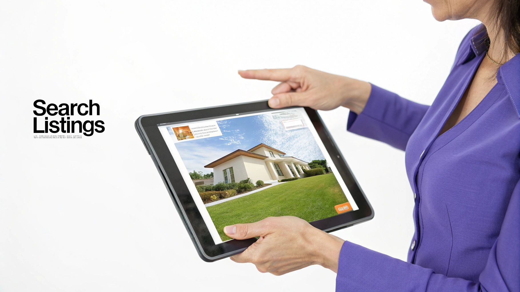 A person holds a tablet displaying a modern house listing with 'Search Listings' text.