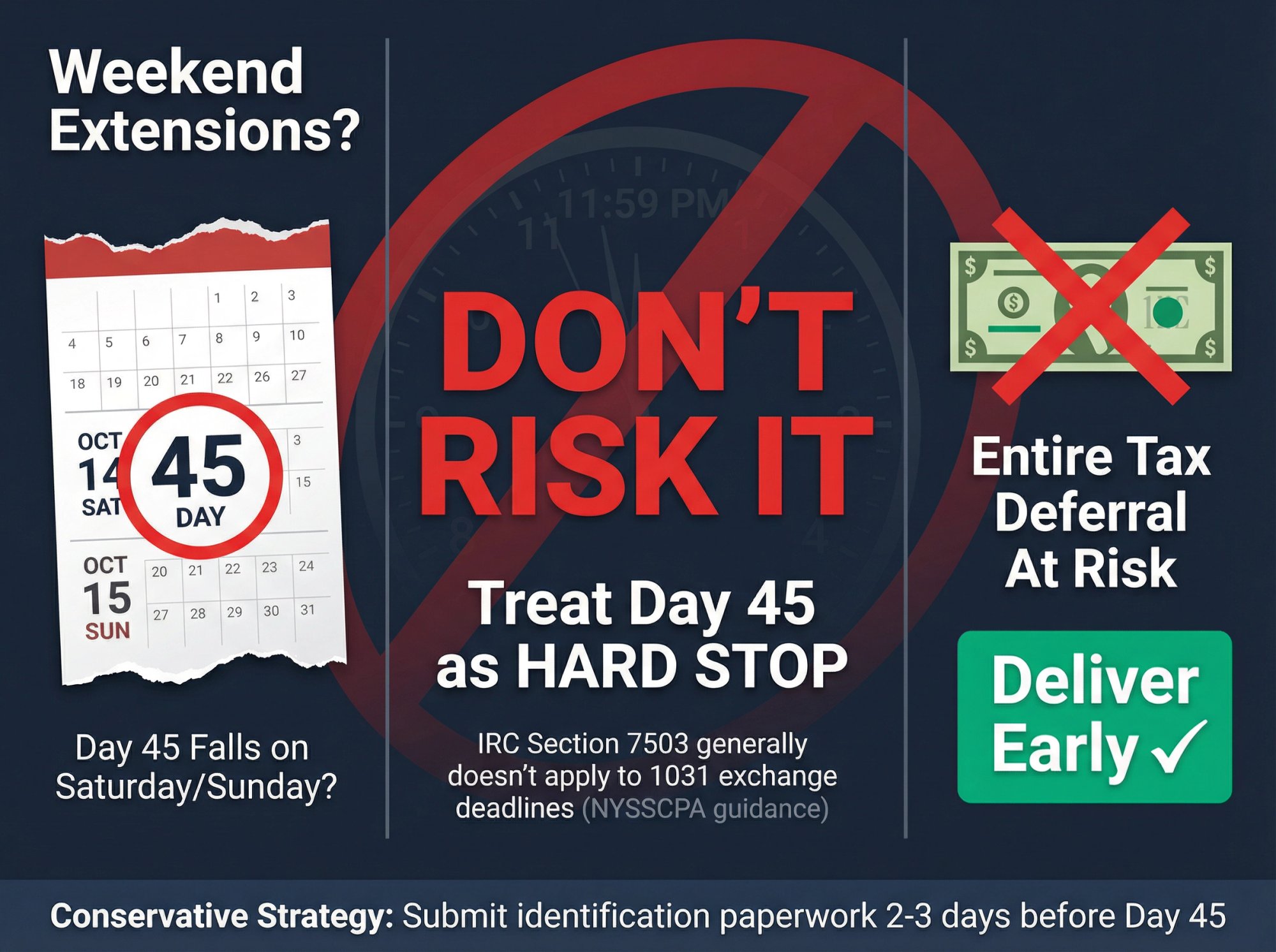 1031 exchange Day 45 deadline calendar showing weekend falls on deadline with urgent warning against relying on extensions