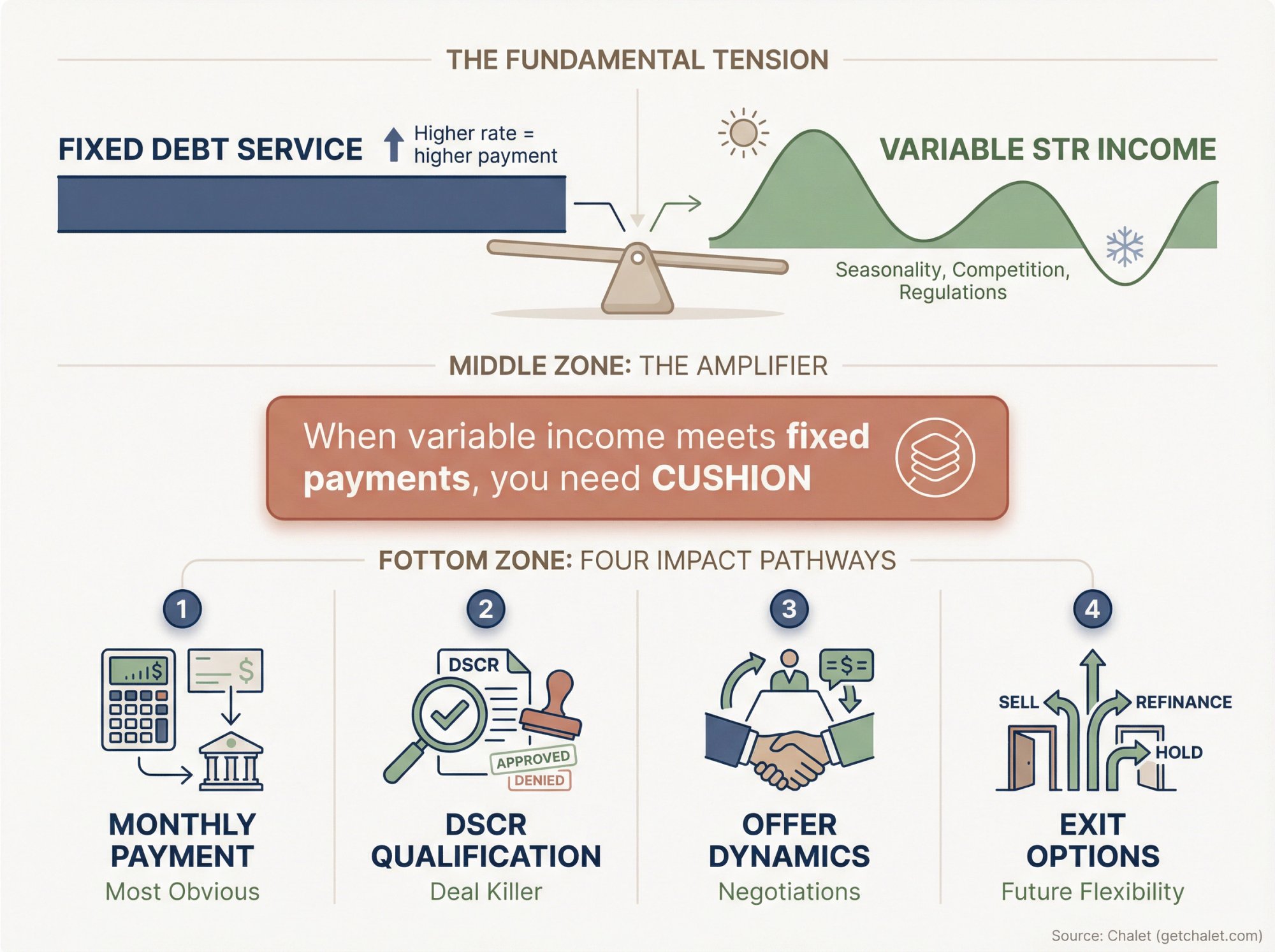 Diagram showing how mortgage rates create fixed debt service that interacts with variable STR income across four impact areas