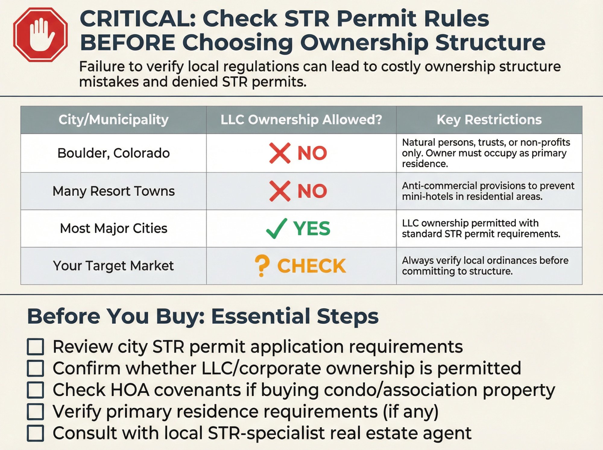 Municipal regulation checklist showing STR permit requirements and LLC ownership restrictions across different cities