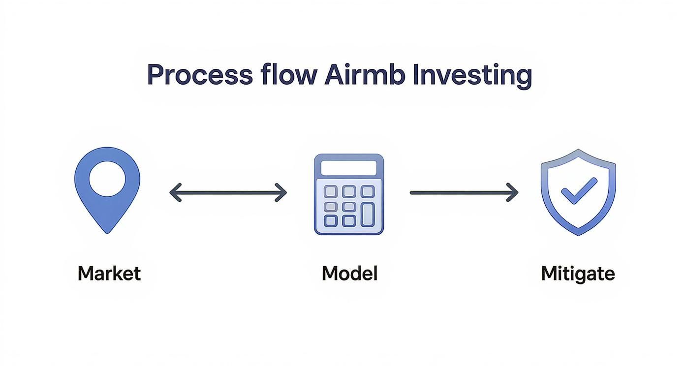 Three-step Airbnb investing process flow diagram showing market analysis, financial modeling, and risk mitigation stages