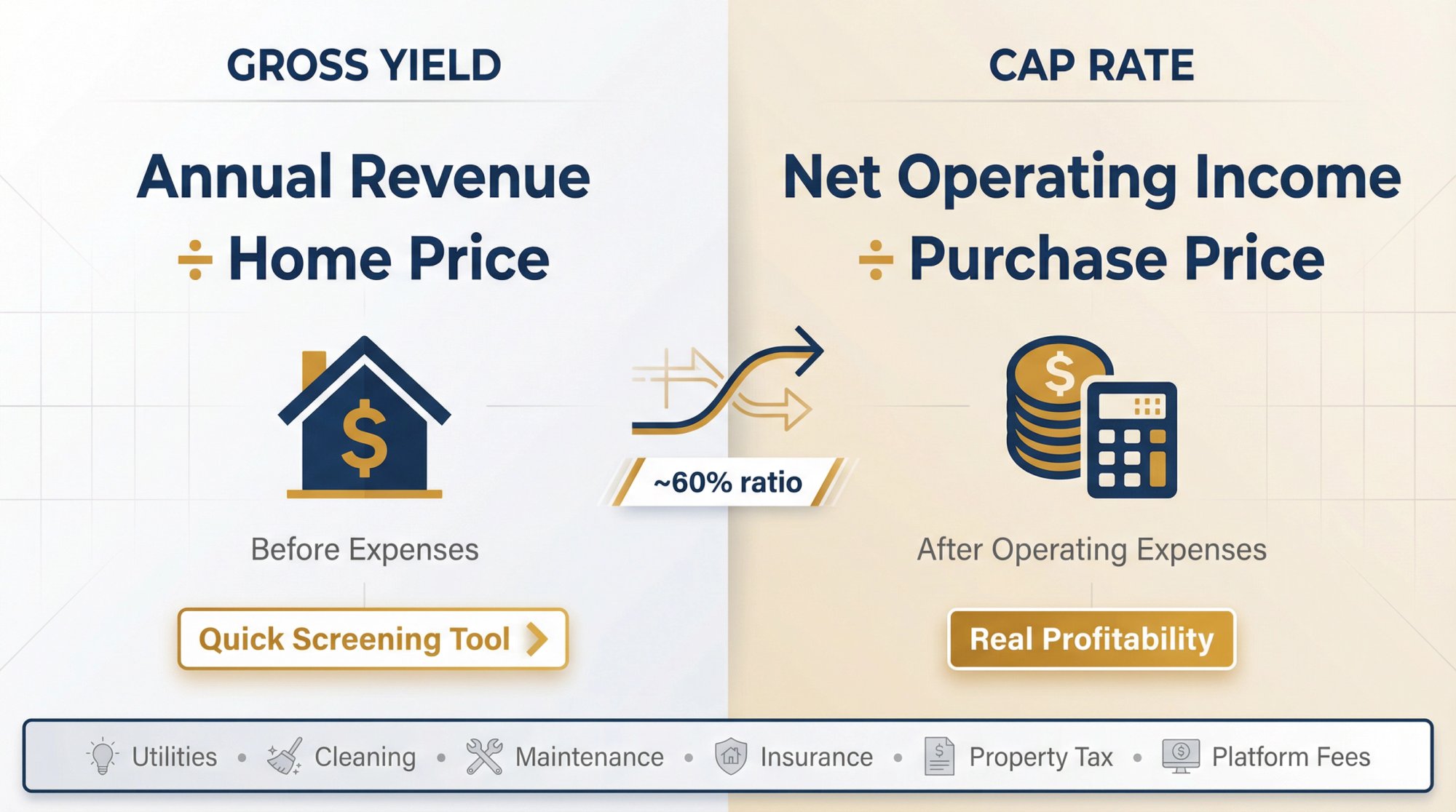 Visual comparison of gross yield and cap rate formulas for Airbnb investment analysis