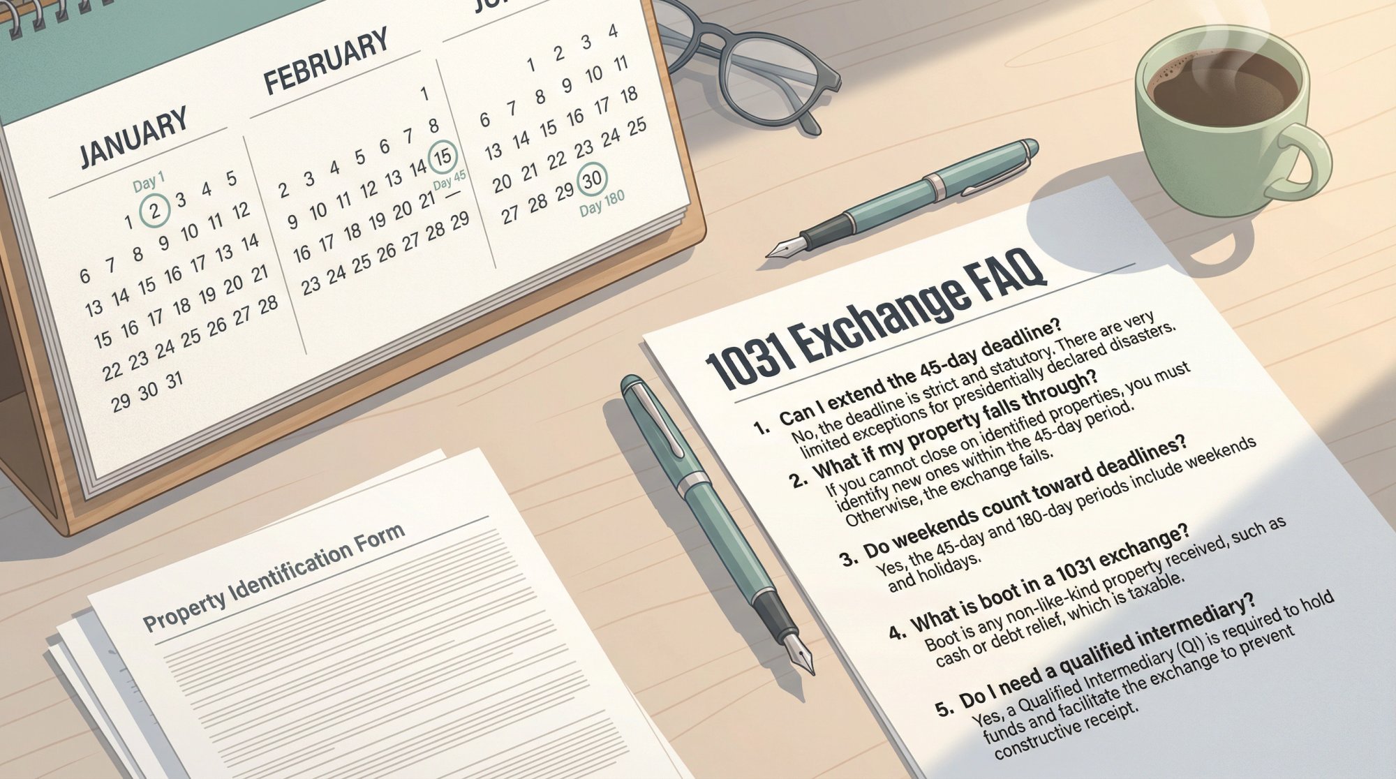 Editorial illustration of organized 1031 exchange FAQ workspace showing calendar with marked deadlines and checklist