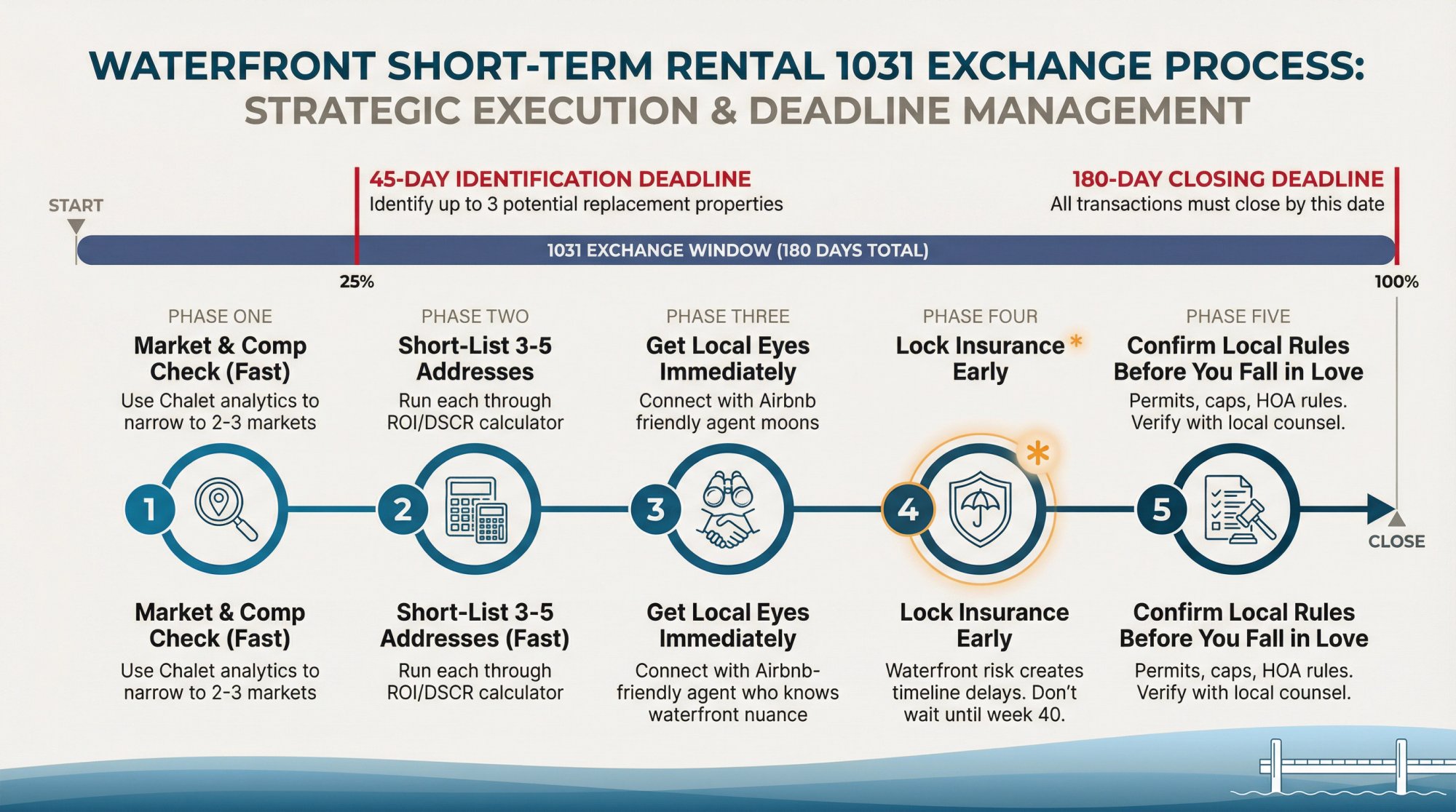 5-step 1031 exchange timeline for waterfront STR properties showing critical deadlines and execution phases