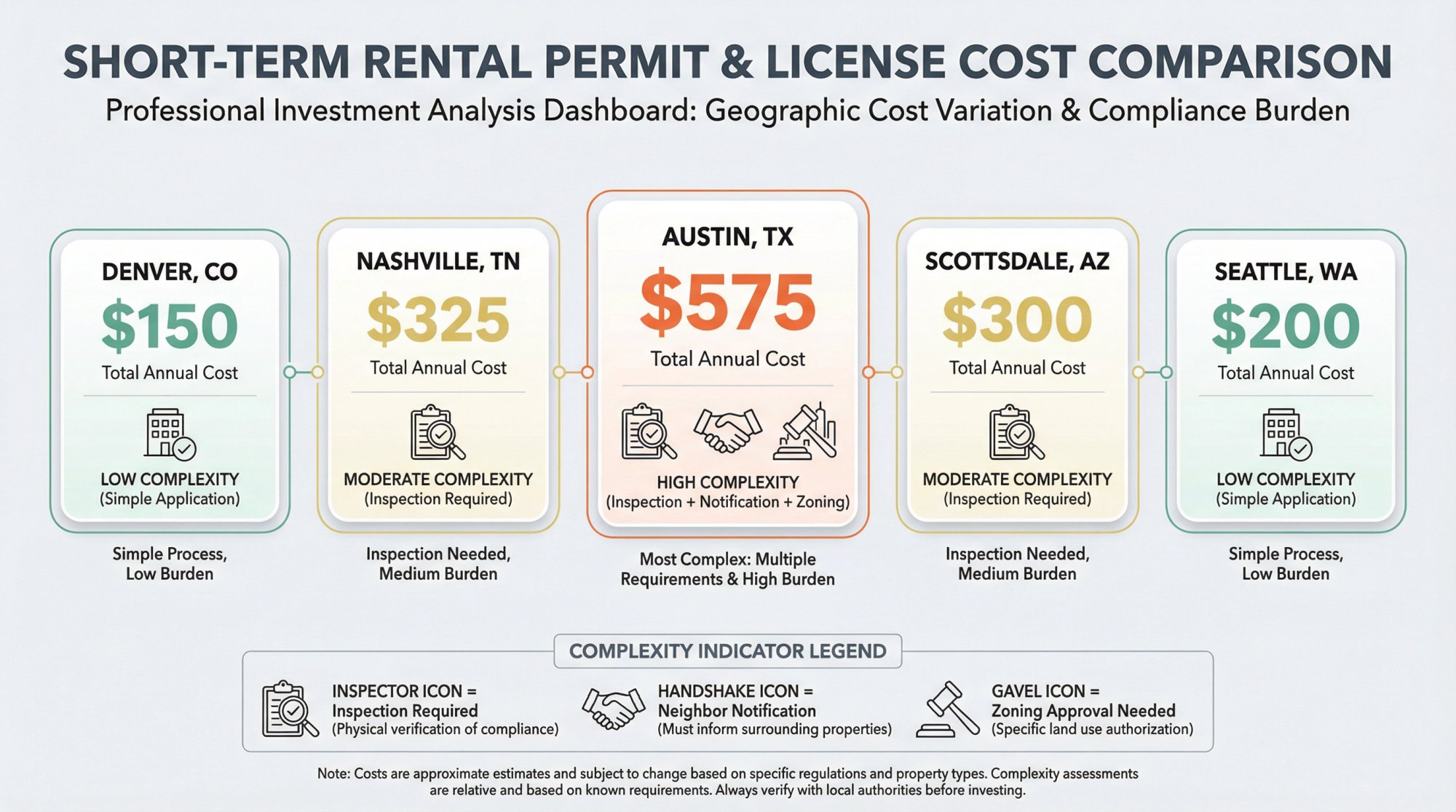 Airbnb permit cost comparison across 5 cities: Denver ($150), Nashville ($313), Austin ($836.30), Scottsdale ($250), Seattle ($130 total), with visual complexity indicators for inspection and compliance requirements