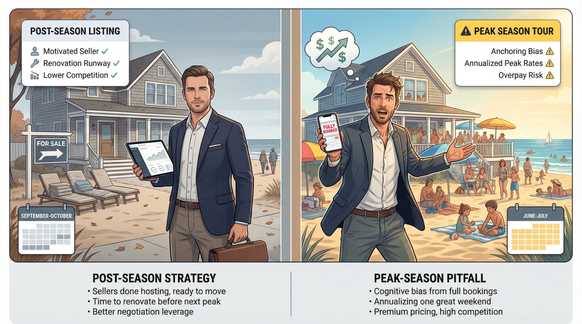 Split-screen comparison showing smart STR investor buying after peak season versus investor overpaying during peak season