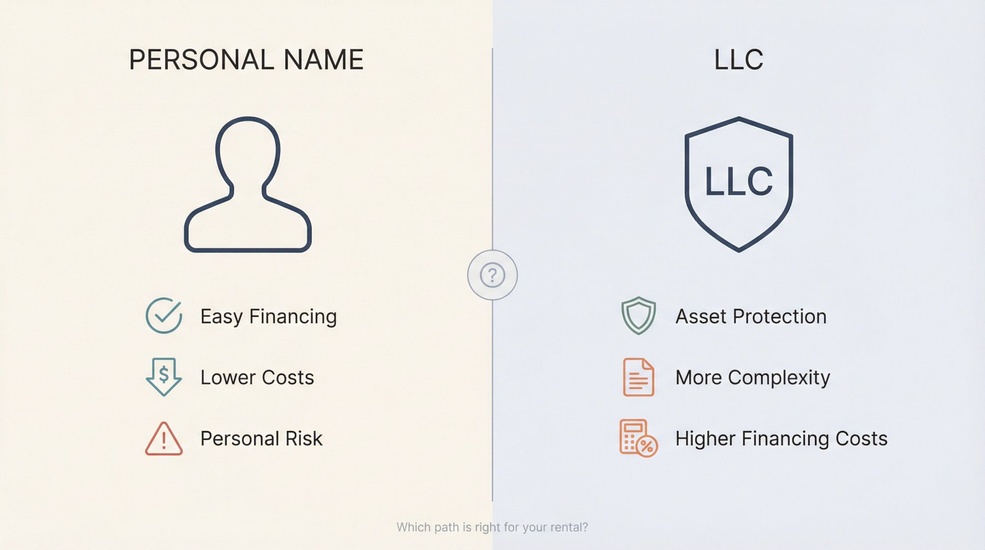 Split-screen visual comparing personal name vs LLC ownership for short-term rental properties, showing liability shield, financing options, and key tradeoffs