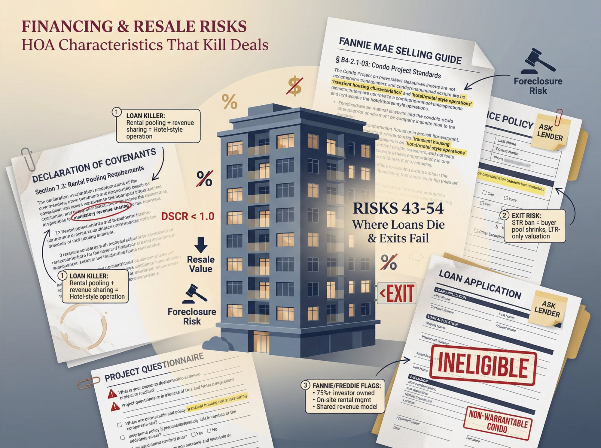 Editorial illustration showing condo financing complexities with Fannie Mae guidelines and HOA document layers